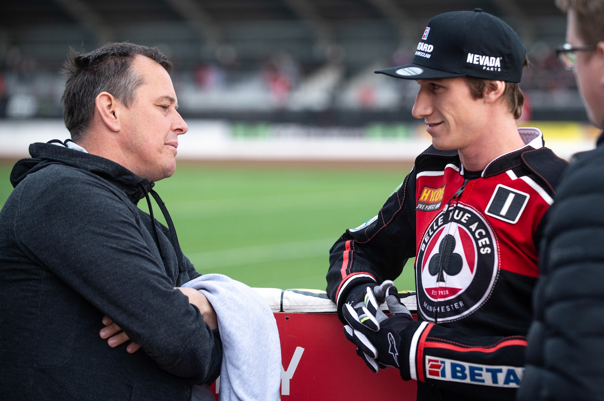 Photo by Ian Charles:

John McGuiness (left) chats with Max Fricke 

Belle Vue Aces v Peterborough Panthers, British Speedway Premiership, National Speedway Stadium, Manchester, Monday, 29, April, 2019