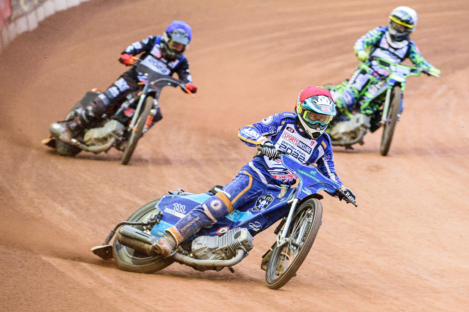 Richard Lawson  (Red) leads Jack Smith (Blue) and Paul Starke  (White) during the Sports Insure British Speedway Championship Final at the National Speedway Stadium, Bellevue, Manchester, England on Monday 1st August 2022. (Photo by: Ian Charles | MI News)