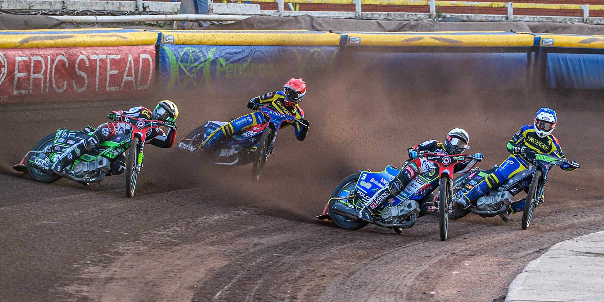 Jaimon Lidsey (White) and Charles Wright (Yellow) lead Adam Ellis (Red) and Josh Pickering (Blue) during the Sports Insure Premiership match between Sheffield Tigers and Belle Vue Aces at Owlerton Stadium, Sheffield on Thursday 20th July 2023. (Photo: Ian Charles | MI News)