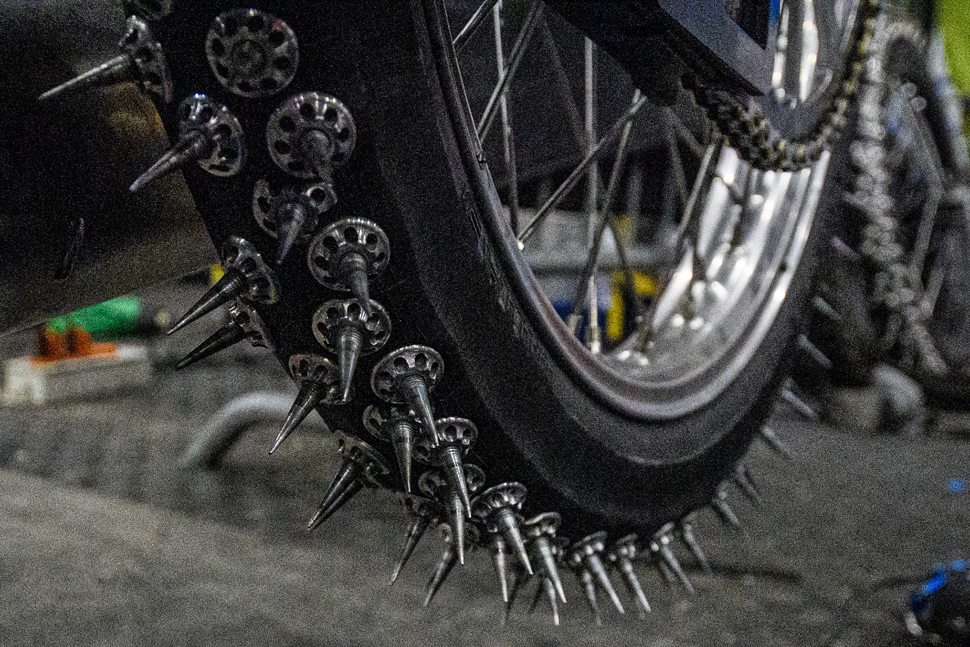 The spikes on the tyre of one of the bikes during the FIM Ice Speedway Gladiators World Championship, Final 3 at the Ice Stadium, Thialf, Heerenveen on Saturday 5th April 2025. (Photo: Ian Charles | MI News)