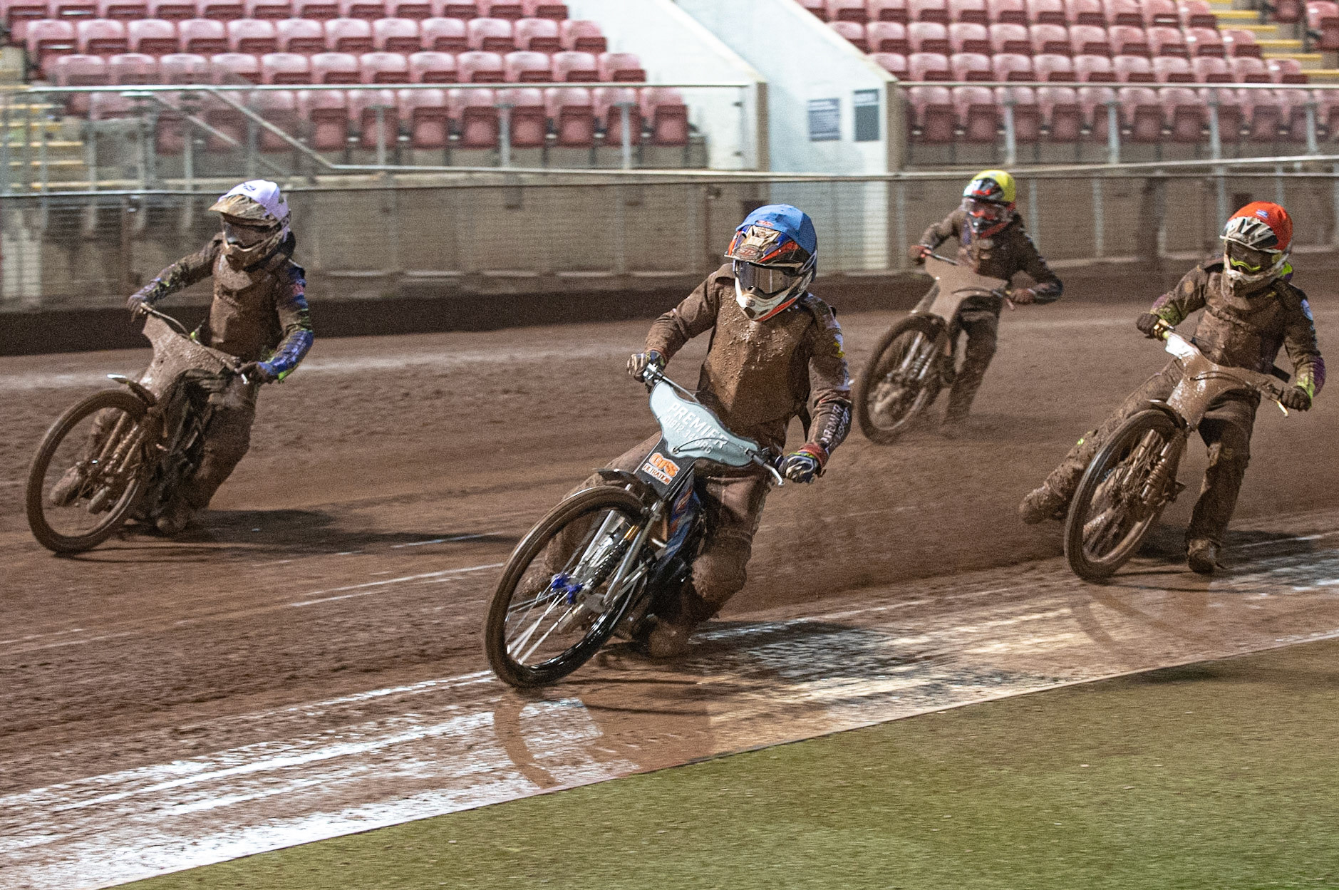 Photo: Ian CharlesSteve Worrall  (Blue)  leads Paul Starke   (White)  Tom Brennan   (Red)  and Drew Kemp   (Yellow)  Sports Insure British Speedway Championship Final, National Speedway Stadium, Manchester Monday  28  September  2020
