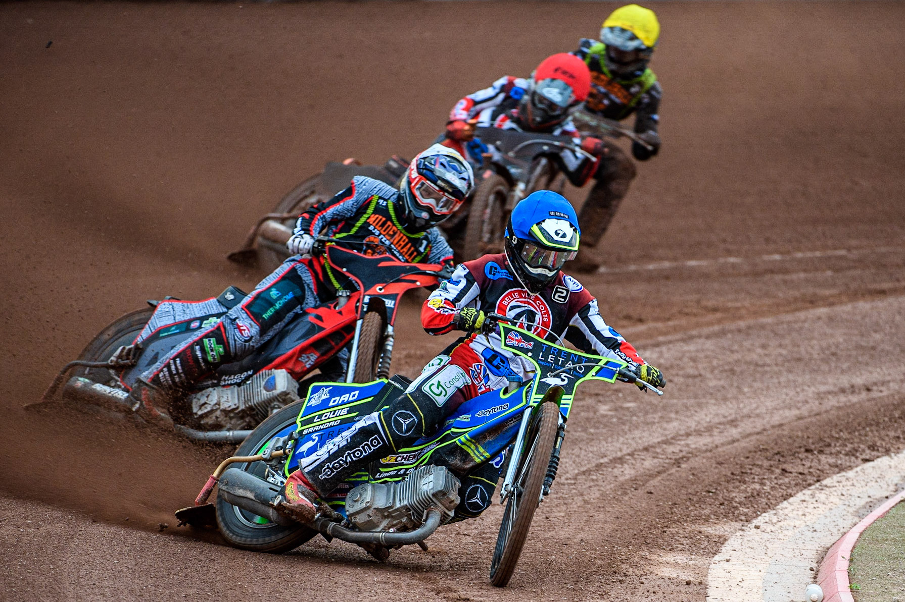 Luke Muff (Blue) leads Alfie Bowtell (White) Jack Smith (Red) and Josh Warren (Yellow) during the National Development League match between Belle Vue Colts and Mildenhall Fens Tigers at the National Speedway Stadium, Manchester on Friday 26th May 2023. (Photo: Ian Charles | MI News)