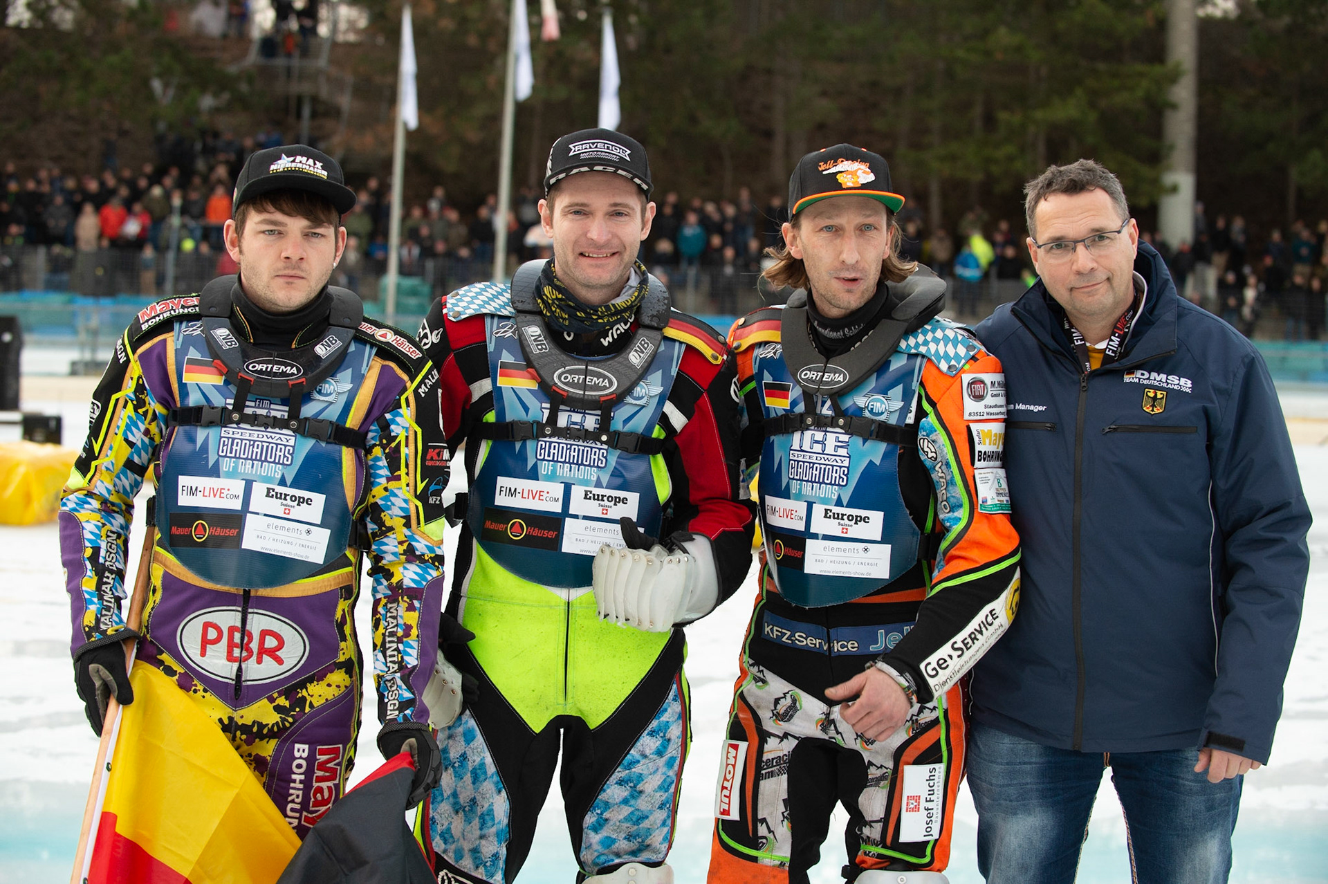 BERLIN GERMANY  - February 29   The German team (l-r) Max Neidermaier, Johan Weber, Marcus Jell and Bernd Sagert (Manager)  during theIce Speedway of Nations (Day 1) at the Horst-Dohm-Eisstadion, Berlin,  on Saturday 29 February 2020. (Credit: Ian Charles | MI News)