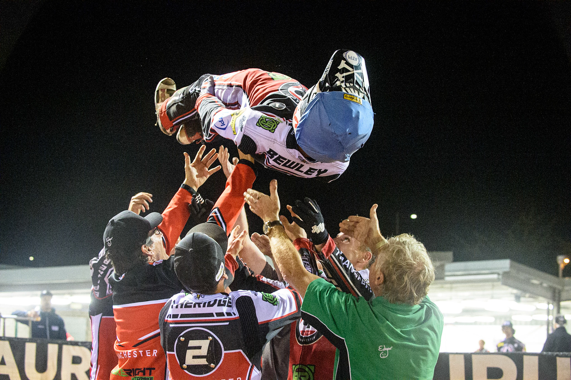 MANCHESTER, UK. SEPT 13TH  Dan Bewley  gets the bumps after another 15 point maximum during the SGB Premiership match between Belle Vue Aces and King's Lynn Stars at the National Speedway Stadium, Manchester on Monday 13th September 2021. (Credit: Ian Charles | MI News)