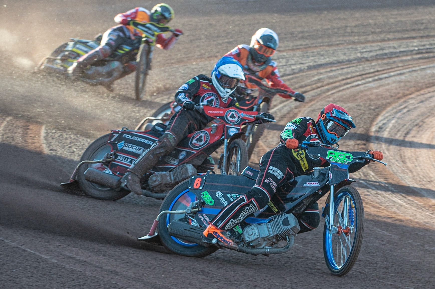 Photo: Ian Charles

Belle Vue Aces’ Dimitri Bergé  (Red) and Jaimon Lidsey (Blue) score maximum points over Swindon Robins Zach Wajtknecht  (White) and James Shanes (Yellow)

Belle Vue Aces v Swindon Robins, British Speedway Premiership, Belle Vue National Speedway Stadium, Manchester, Monday 20  May  2019