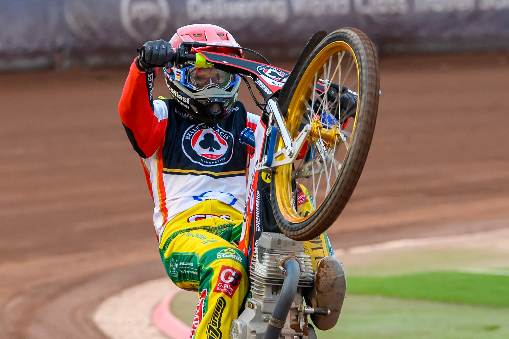 Jason Doyle of Belle Vue Aces does a wheelie during the Rowe Motor Oil Premiership match between Belle Vue Aces and Leicester Lions at the National Speedway Stadium, Manchester on Monday 15th June 2026. (Photo: Ian Charles | MI News)