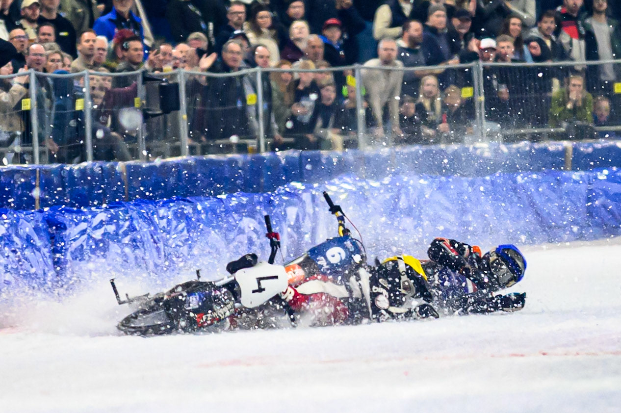 Martin Posch (4) of Austria  falls in the path of Sebastian Reitsma (6) of The Netherlands  who was unable to avoid crashing into him and his bike during the FIM Ice Speedway Of Nations at Ice Rink Thialf, Heerenveen on Sunday 12th April 2026. (Photo: Ian Charles | MI News)