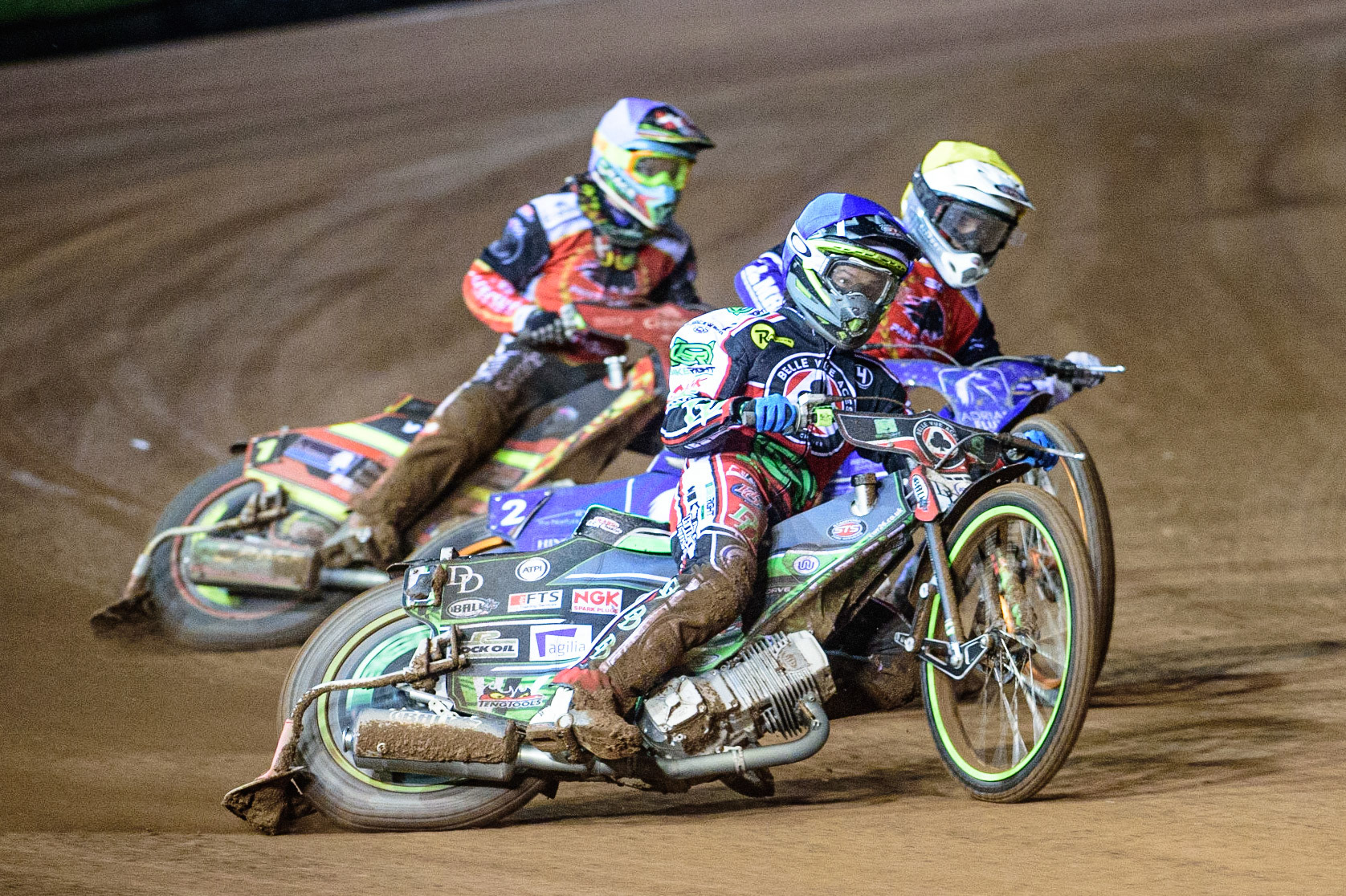 MANCHESTER, UK. OCT 11TH  Charles Wright  (Blue) leads Lewis Kerr  (Yellow) and Michael Palm Toft  (White) during the SGB Premiership Grand Final 1st Leg between Belle Vue Aces and Peterborough Panthers at the National Speedway Stadium, Manchester on Monday 11th October 2021. (Credit: Ian Charles | MI News)