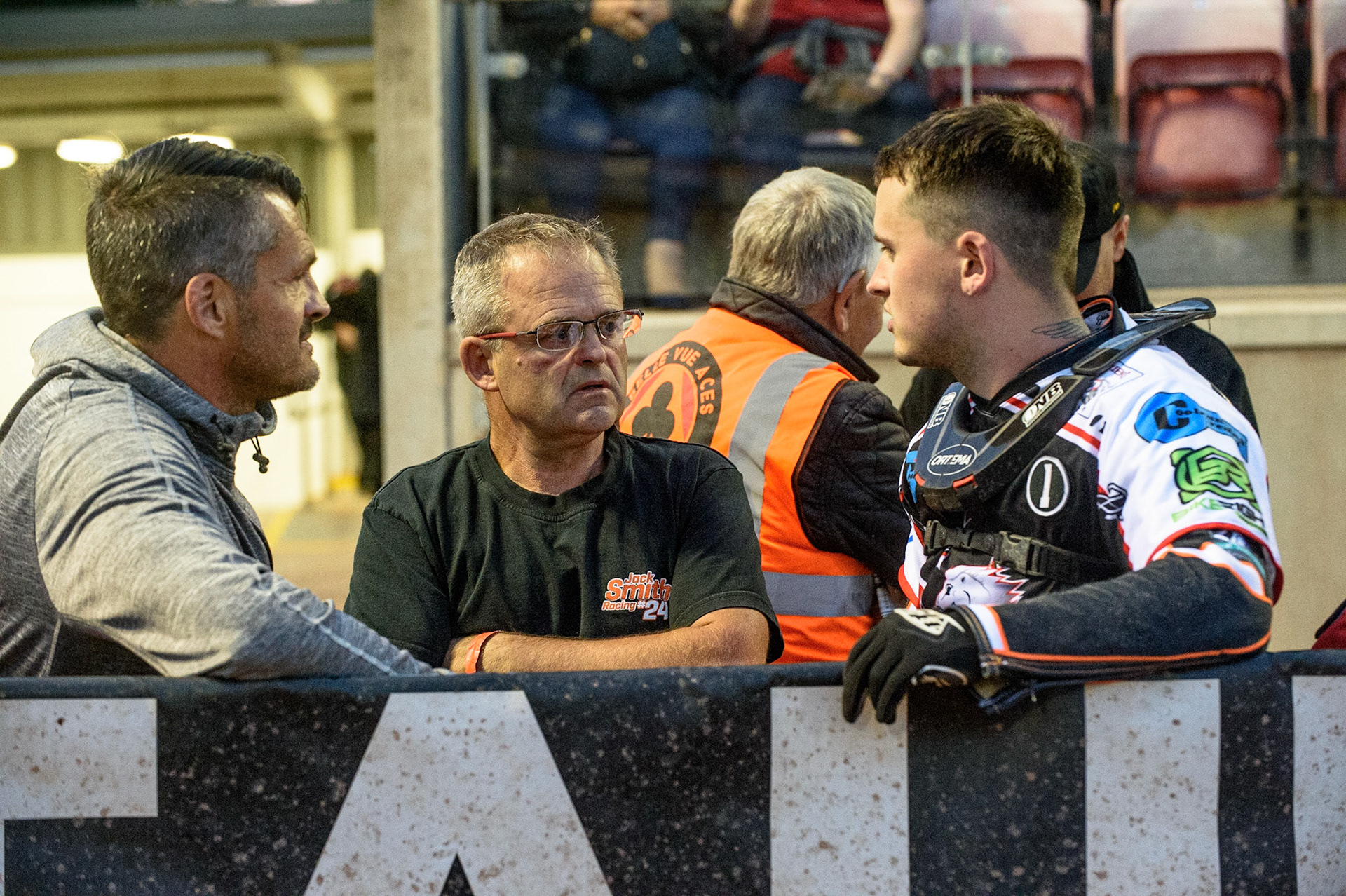 MANCHESTER, UK. JULY 29TH   Jack Smith  (right) with Dad Andy (centre) and Uncle Paul  during the National Development League match between Belle Vue Colts and Leicester Lion Cubs at the National Speedway Stadium, Manchester on Thursday 29th July 2021. (Credit: Ian Charles | MI News)