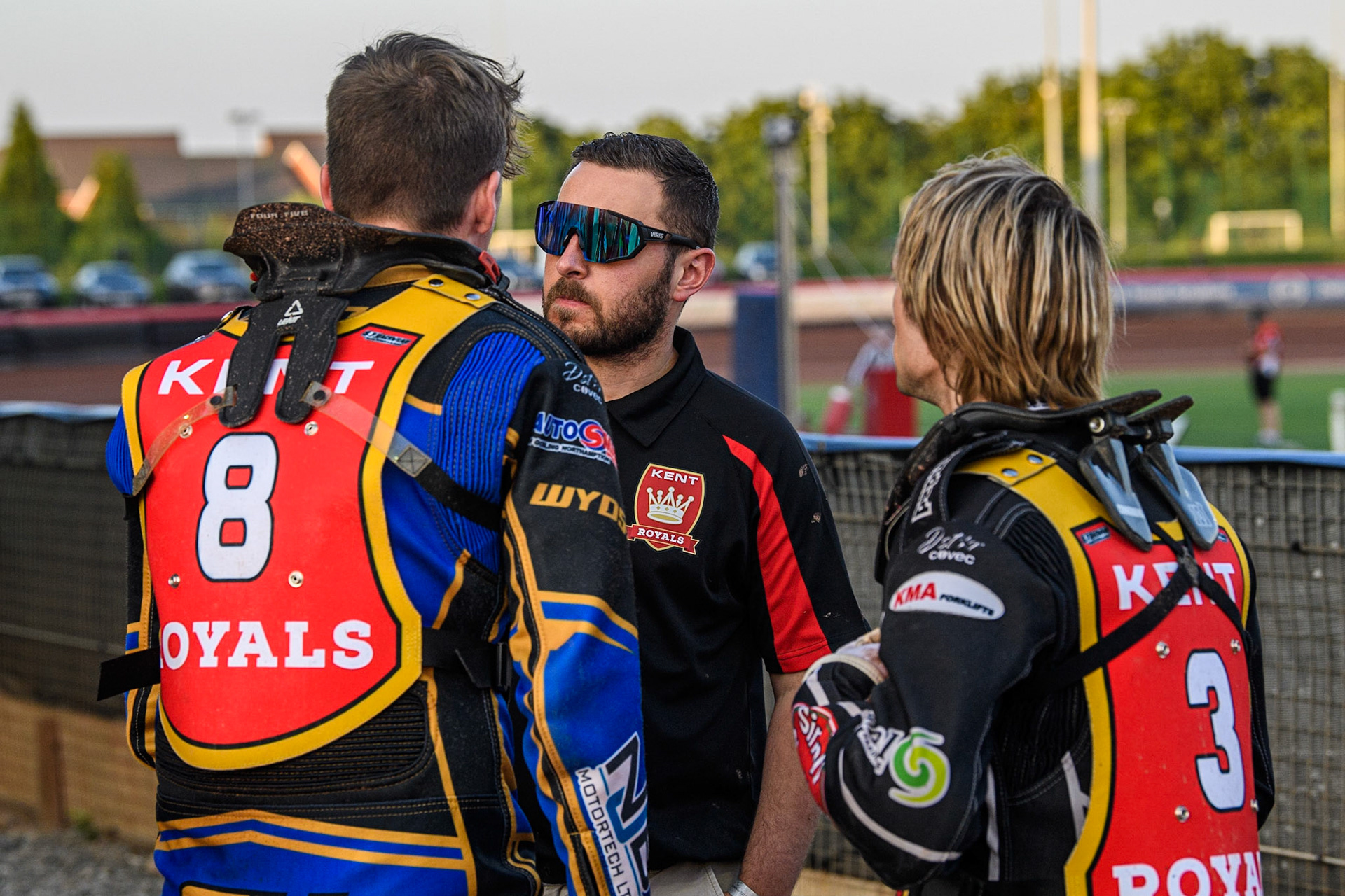 (l - r) Eli Meadows, Jamie Willis  and Connor King in discussion during the National Development League match between Belle Vue Colts and Kent Royals at the National Speedway Stadium, Manchester on Friday 7th July 2023. (Photo: Ian Charles | MI News)