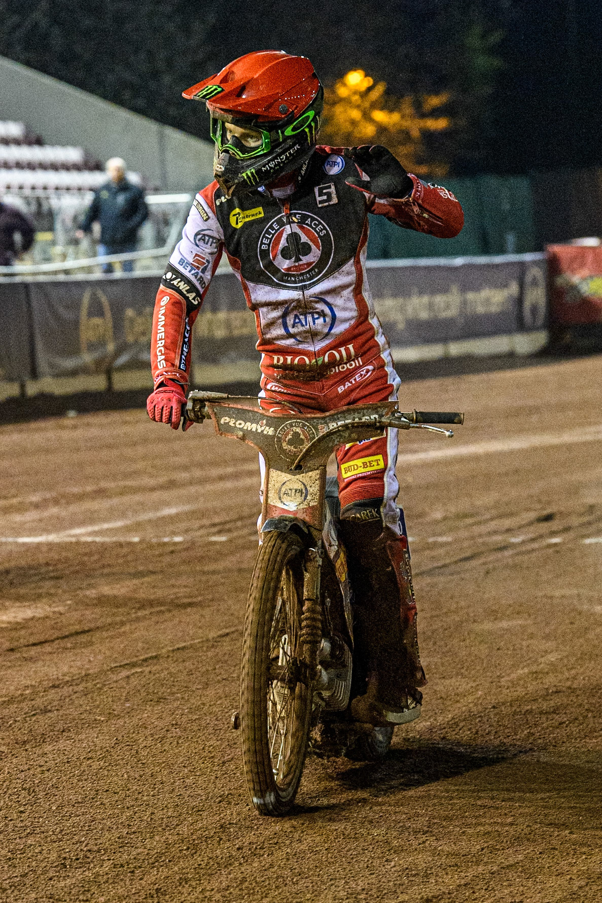 Belle Vue Aces' Dan Bewley acknowledges the fans after the Aces’ match win during the Rowe Motor Oil Premiership match between Belle Vue Aces and Ipswich Witches at the National Speedway Stadium, Manchester on Monday 22nd April 2024. (Photo: Ian Charles | MI News)