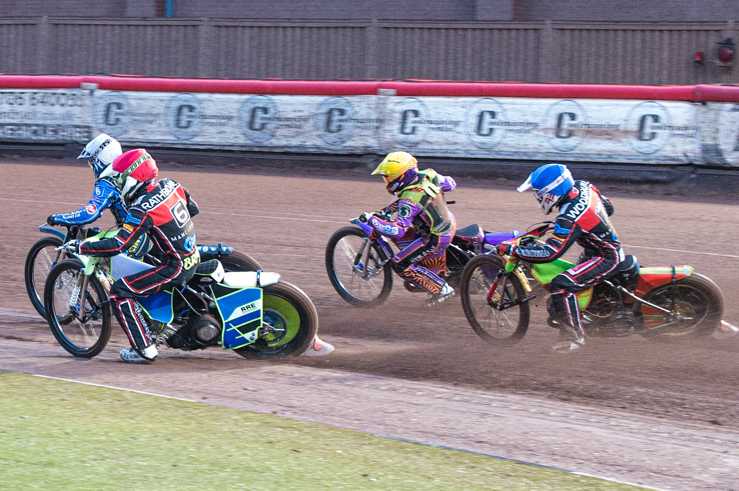 Photo: Ian Charles

Ben Rathbone  (Red) and Ben Woodhull   (Blue) chase Arran Butcher  (White) and Elliot Kelly   (Yellow)

Belle Vue Colts v Mildenhall Fen Tigers, National League, Belle Vue National Speedway Stadium, Manchester, Monday 2  September  2019