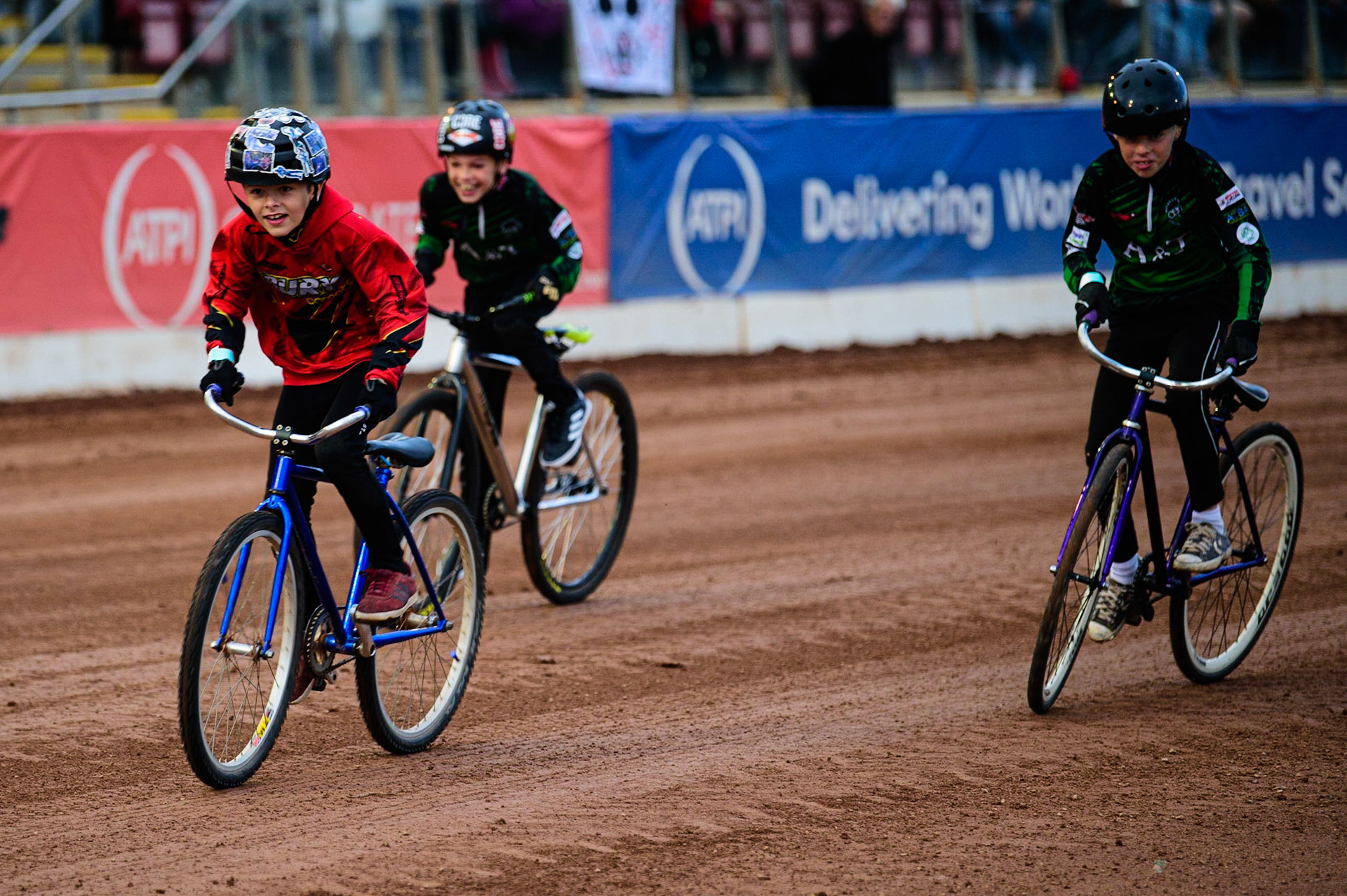 Part of the Cycle Speedway demonstration to promote the European Championships being held in Greater Manchester over the weekend of July 29 - 31, 2022 during the SGB Premiership match between Belle Vue Aces and Peterborough at the National Speedway Stadium, Manchester on Monday 25th July 2022. (Credit: Ian Charles | MI News