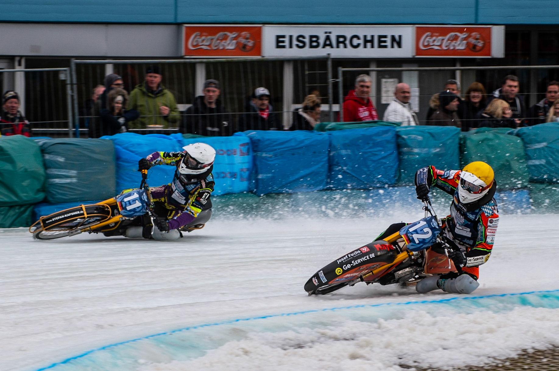 BERLIN GERMANY  - March 1  Marcus Jell (Yellow) inside  team mate Max Neidermaier (White) of Germany during the Ice Speedway of Nations at the Horst-Dohm-Eisstadion, Berlin,  on Sunday 1 March 2020. (Credit: Ian Charles | MI News)