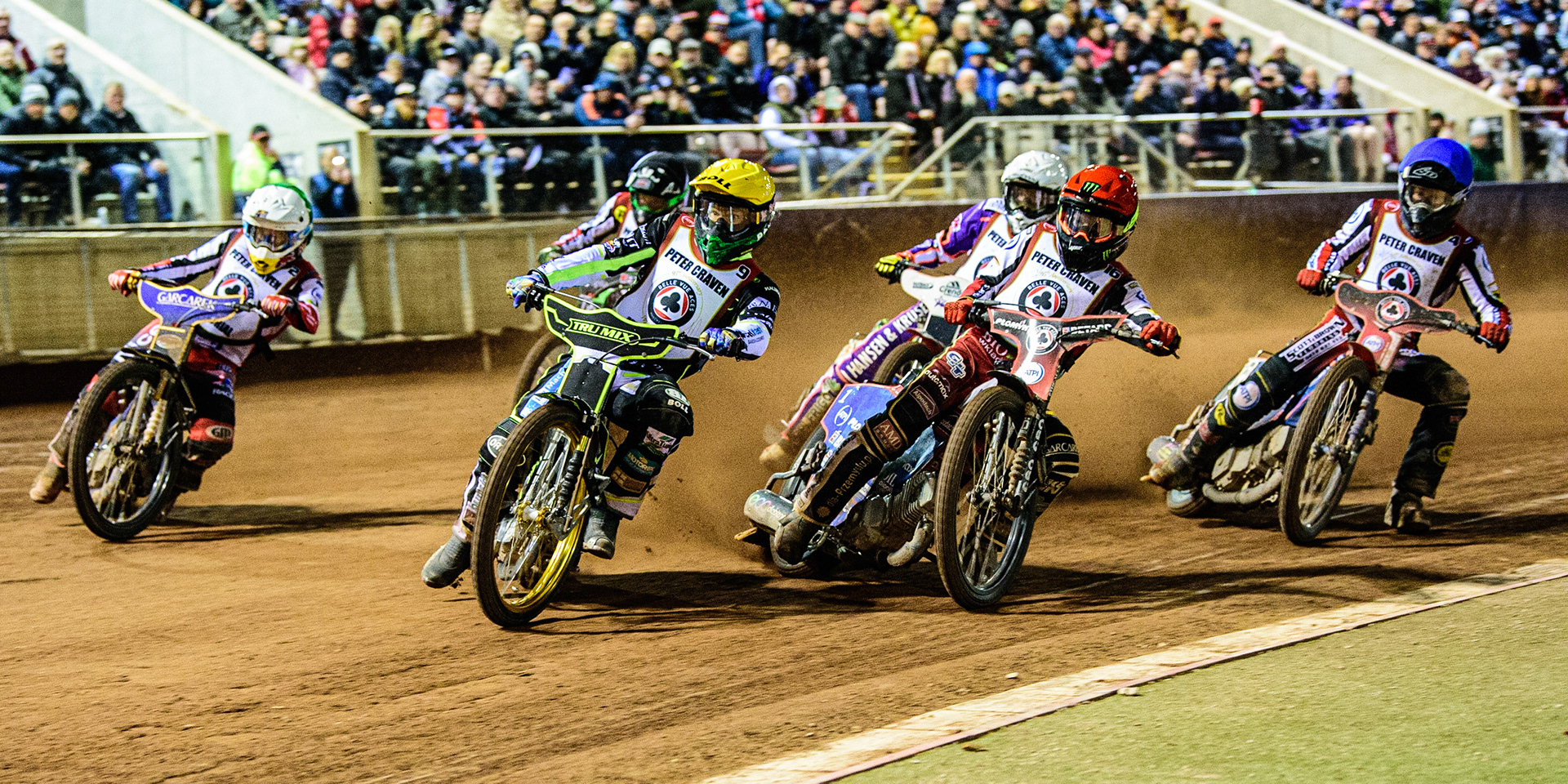 The Six Rider Final: Jason Doyle (Yellow), Dan Bewley  (Red), Robert Lambert  (Green), Charles Wright (Black/White), Niels-Kristian Iversen  (White) and Brady Kurtz  (Blue) during the Peter Craven Memorial Trophy  at the National Speedway Stadium, Manchester on Monday 3rd April 2023. (Photo: Ian Charles | MI News)