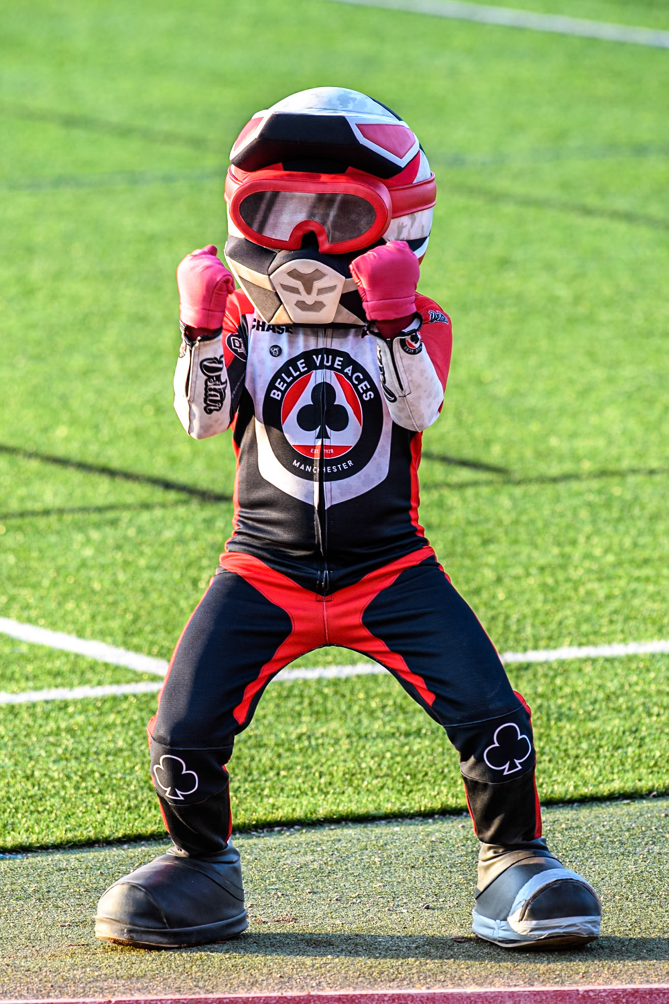 Belle Vue ATPI Aces Mascot Chase The Ace gets the crowd cheering during the Rowe Motor Oil Premiership match between Belle Vue Aces and Leicester Lions at the National Speedway Stadium, Manchester on Monday 19th May 2025. (Photo: Ian Charles | MI News)