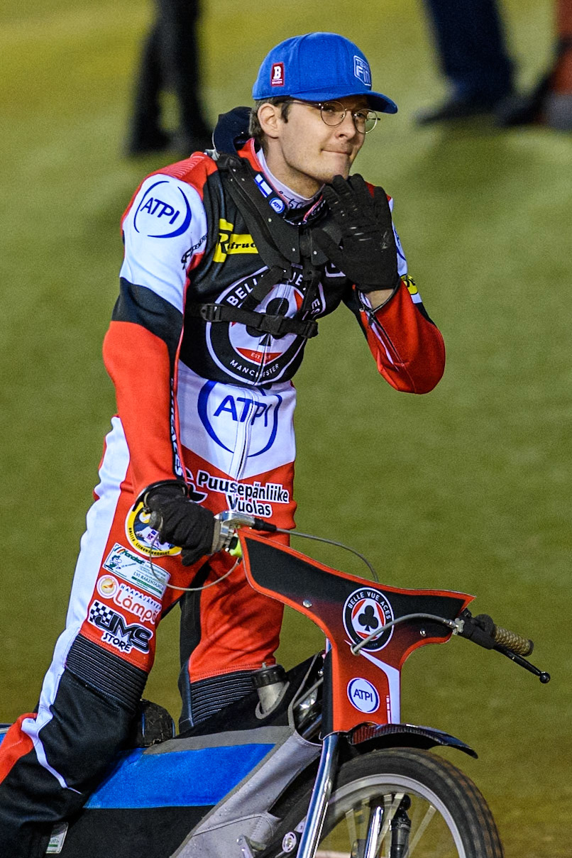 Belle Vue Aces' Antti Vuolas on the parade lap during the Rowe Motor Oil Premiership Play Off Semi Final 2, 1st Leg match between Belle Vue Aces and Sheffield Tigers at the National Speedway Stadium, Manchester on Monday 16th September 2024. (Photo: Ian Charles | MI News)