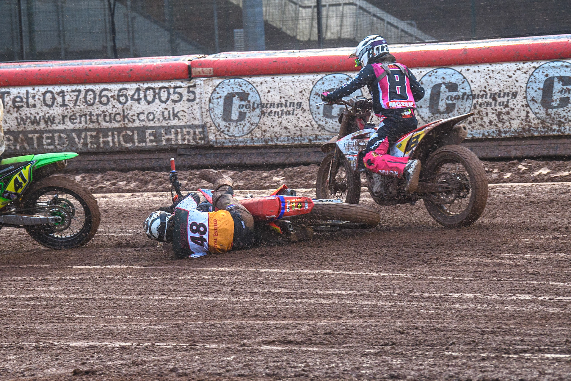 Nico Sorbo (48) from Italy slides off during the FIM World Flat Track Championship Round 1 at the National Speedway Stadium, Manchester on Saturday 5th August 2023. (Photo: Ian Charles | MI News)