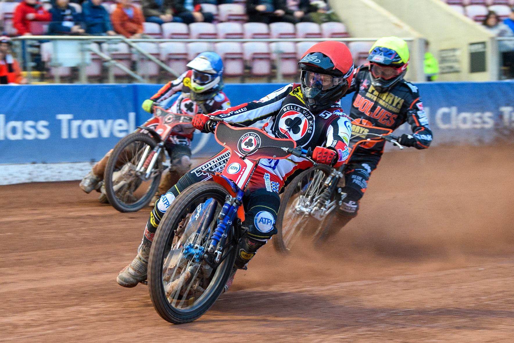 Brady Kurtz (Red) leads Steve Worrall (Yellow) and Jake Mulford (Blue) during the Sports Insure Premiership Knock Out Cup Quarter Final 2nd Leg between Belle Vue Aces and Wolverhampton Wolves at the National Speedway Stadium, Manchester on Thursday 18th May 2023. (Photo: Ian Charles | MI News)