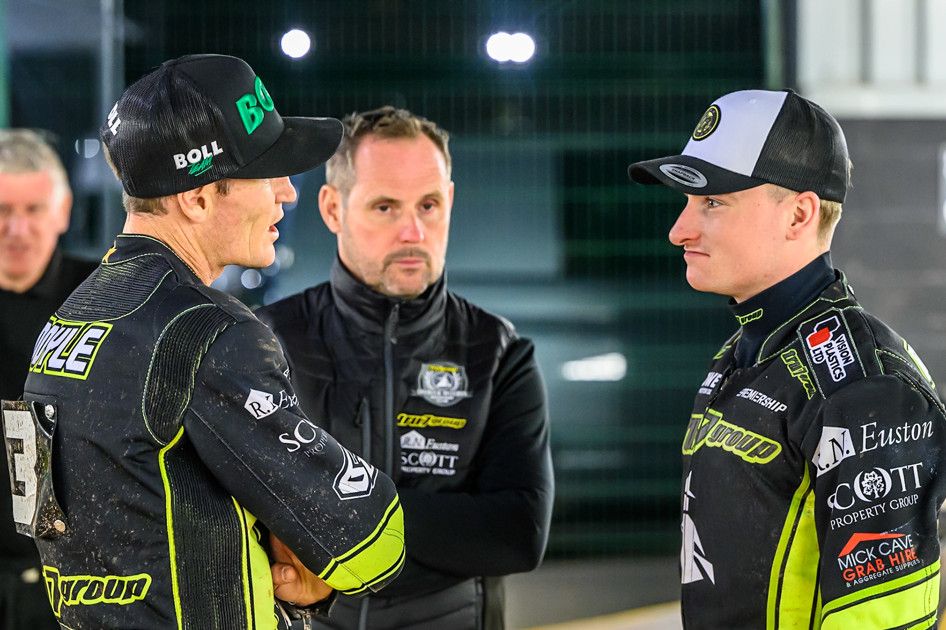 (L to R) Jason Doyle of Ipswich Witches , Ipswich Promoter Chris Louis, Tom Brennan of Ipswich Witches  during the Rowe Motor Oil Premiership Play Off Semi Final 1 (1st Leg)  between Belle Vue Aces and Ipswich Witches at the National Speedway Stadium, Manchester on Monday 8th September 2025. (Photo: Ian Charles | MI News)