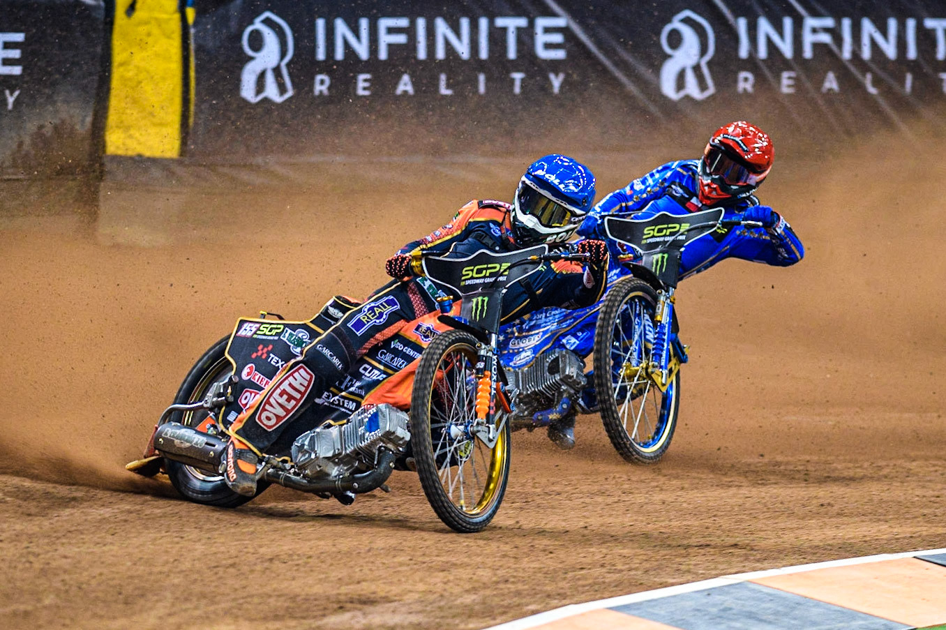 Mikkel Michelsen (155) (Blue) leads  Bartosz Zmarzlik (95) (Red) during the FIM Speedway Grand Prix of Great Britain at the Principality Stadium, Cardiff on Saturday 2nd September 2023. (Photo: Ian Charles | MI News)