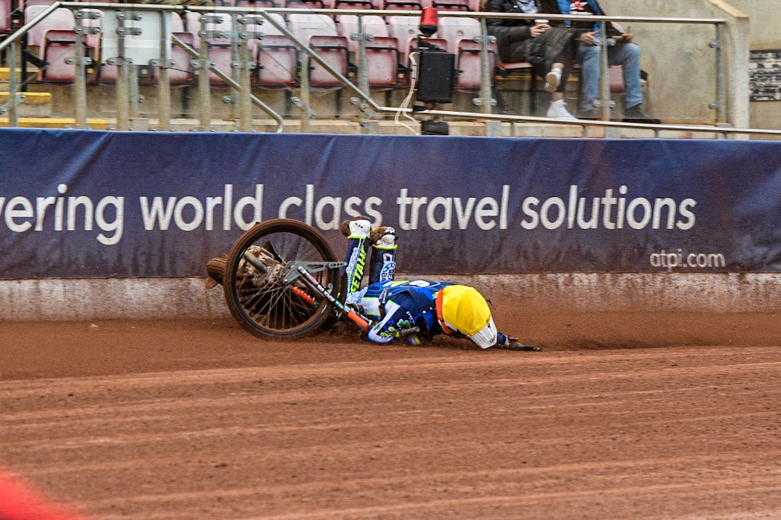 Luke Killeen  comes to grief during the National Development League match between Belle Vue Colts and Oxford Chargers at the National Speedway Stadium, Manchester on Friday 12th May 2023. (Photo: Ian Charles | MI News)