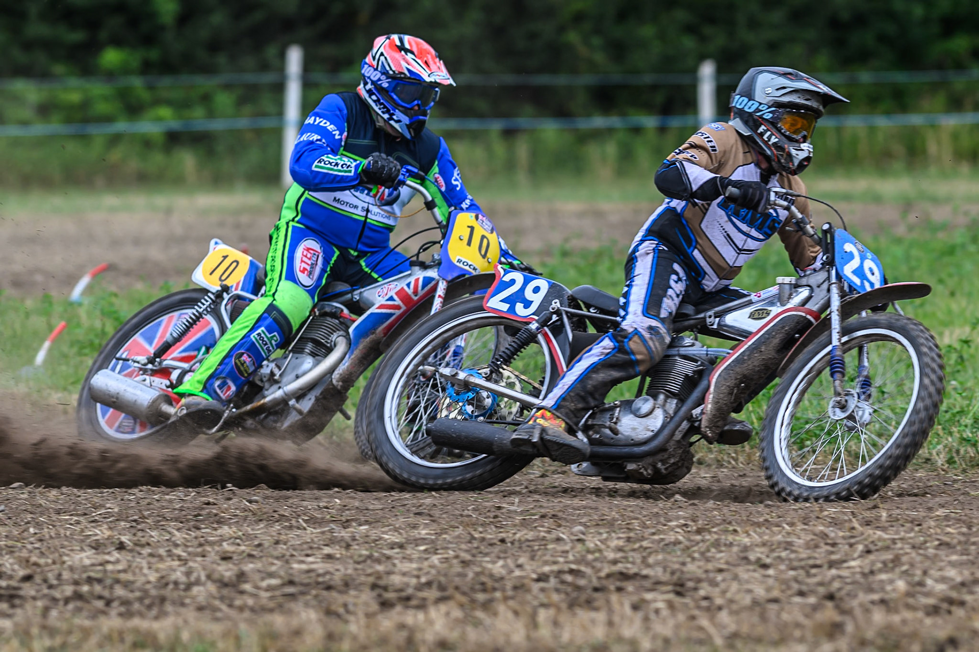 John Shipley (129) leading Neil Perrone (10) in the Pre 75 class during the ACU Northern Grass Track Riders Championship at Cheshire Grass Track Club, Frog Lane, Knutsford, Cheshire on Sunday 20th July 2025. (Photo: Ian Charles | MI News)