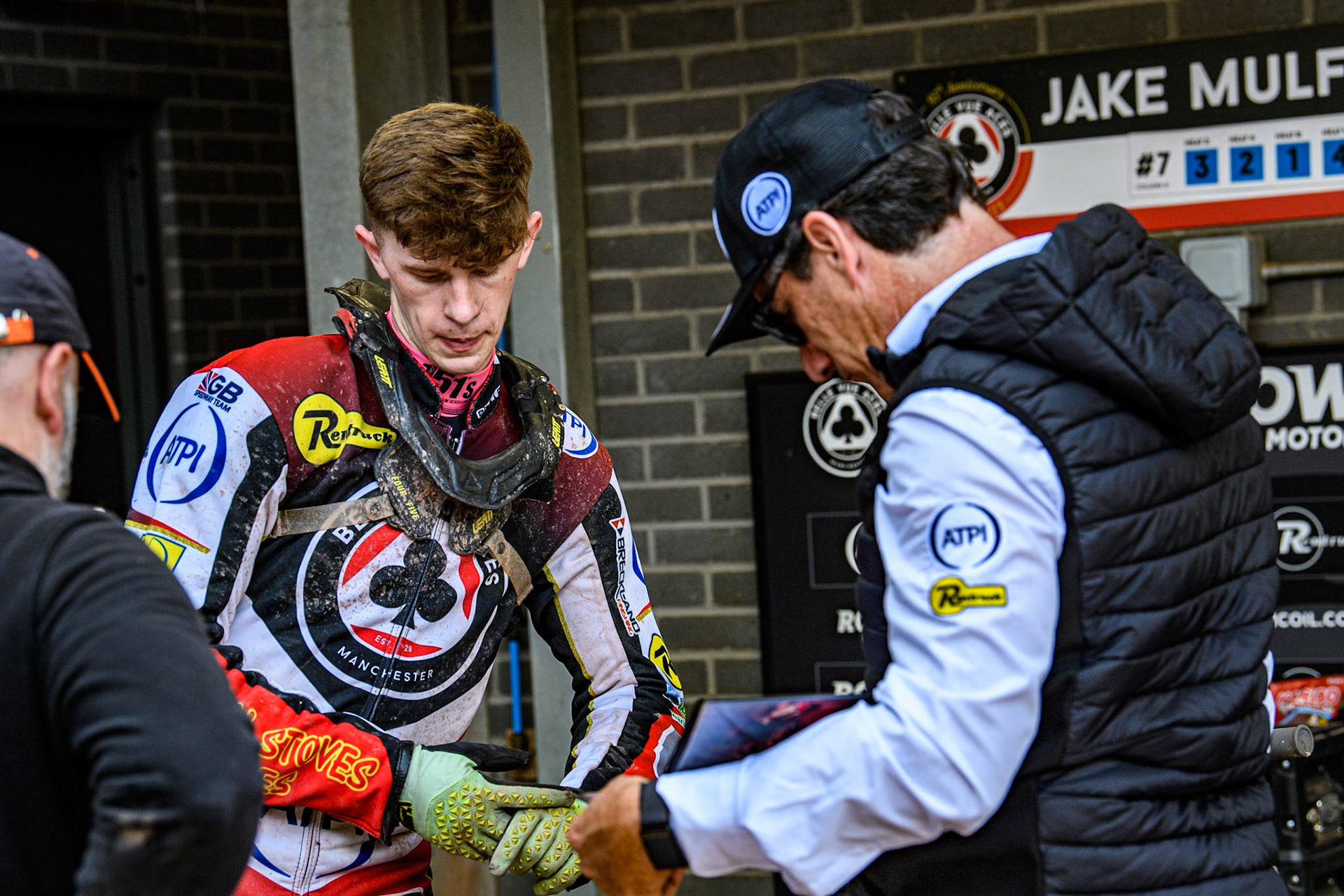 Belle Vue Aces' Jake Mulford  (Left) with Belle Vue Aces' Team Manager, Mark Lemon during the Rowe Motor Oil Premiership match between Belle Vue Aces and Sheffield Tigers at the National Speedway Stadium, Manchester on Monday 26th August 2024. (Photo: Ian Charles | MI News)