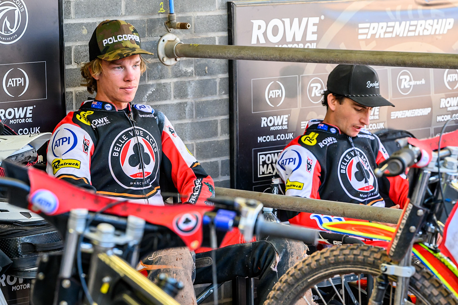Tate Zischke of Belle Vue Aces  (Left) and Zach Cook of Belle Vue Aces during the Rowe Motor Oil Premiership match between Belle Vue Aces and Sheffield Tigers at the National Speedway Stadium, Manchester on Monday 25th August 2025. (Photo: Ian Charles | MI News)