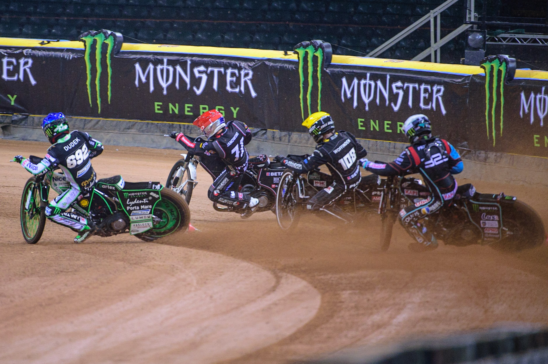 Maciej Janowski (71) (Red), Patryk Dudek (692) (Blue) Tai Woffinden (108) (Yellow) and Paweł Przedpelski (323) in the opening heat during the FIM  Speedway Grand Prix of Great Britain at the Principality Stadium, Cardiff on Saturday 13th August 2022. (Credit: Ian Charles | MI News