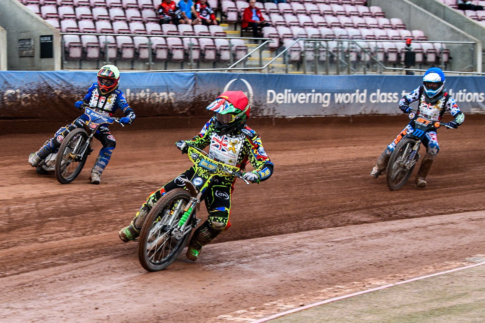 William Cairns (500cc)  in Red leading Ryan Ingram (500cc)   in Yellow and Billy Budd (500cc)   in Blue during the British Youth 500cc Championships at the National Speedway Stadium, Manchester on Friday 2nd August 2024. (Photo: Ian Charles | MI News)