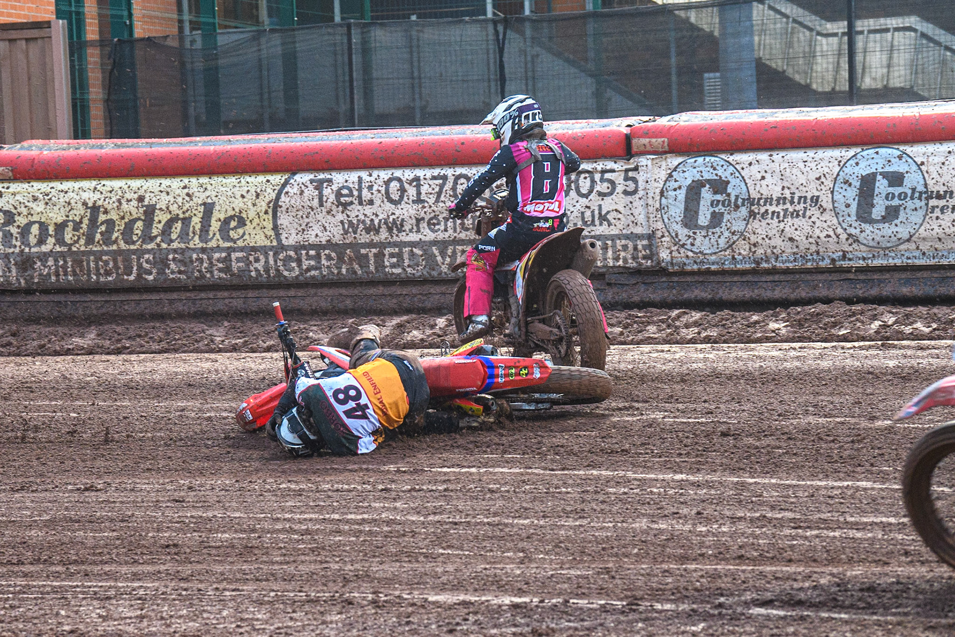 Nico Sorbo (48) from Italy slides off during the FIM World Flat Track Championship Round 1 at the National Speedway Stadium, Manchester on Saturday 5th August 2023. (Photo: Ian Charles | MI News)