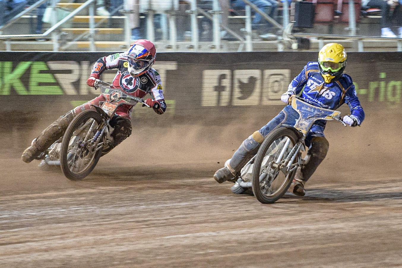 MANCHESTER, UK. AUGUST 23RD    Richard Lawson  (Yellow) inside Steve Worrall  (Red) during the SGB Premiership match between Belle Vue Aces and King's Lynn Stars at the National Speedway Stadium, Manchester on Monday 23rd August 2021. (Credit: Ian Charles | MI News)