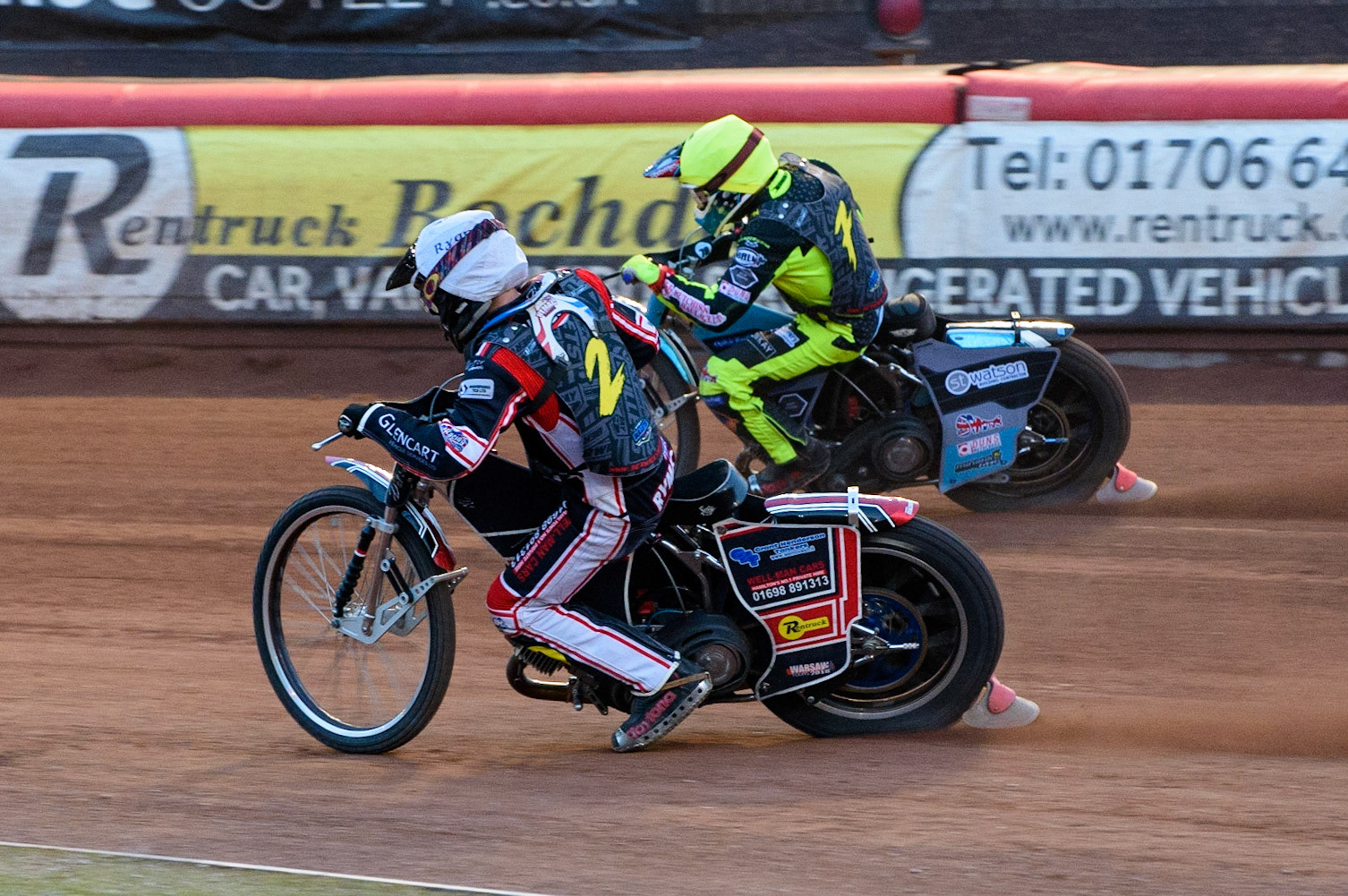 MANCHESTER, UK. MAY 28TH  Ryan MacDonald  (White) inside Mason Watson  (Yellow) during the SGB National Development League match between Belle Vue Colts and Berwick Bullets at the National Speedway Stadium, Manchester on Friday 28th May 2021. (Credit: Ian Charles | MI News)