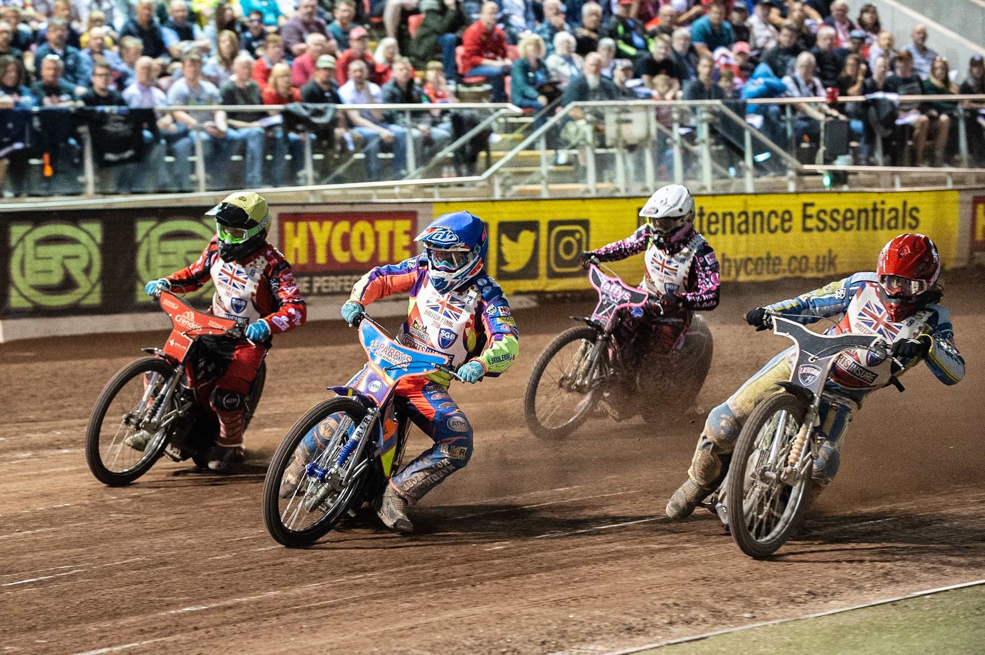 Photo: Ian Charles

Rory Schlein (Blue) leads Scott Nicholls (Yellow) Richard Lawson (Red) and Leon Flint (White)

Sports Insure British Final,  Belle Vue National Speedway Stadium, Manchester Monday 29  July  2019