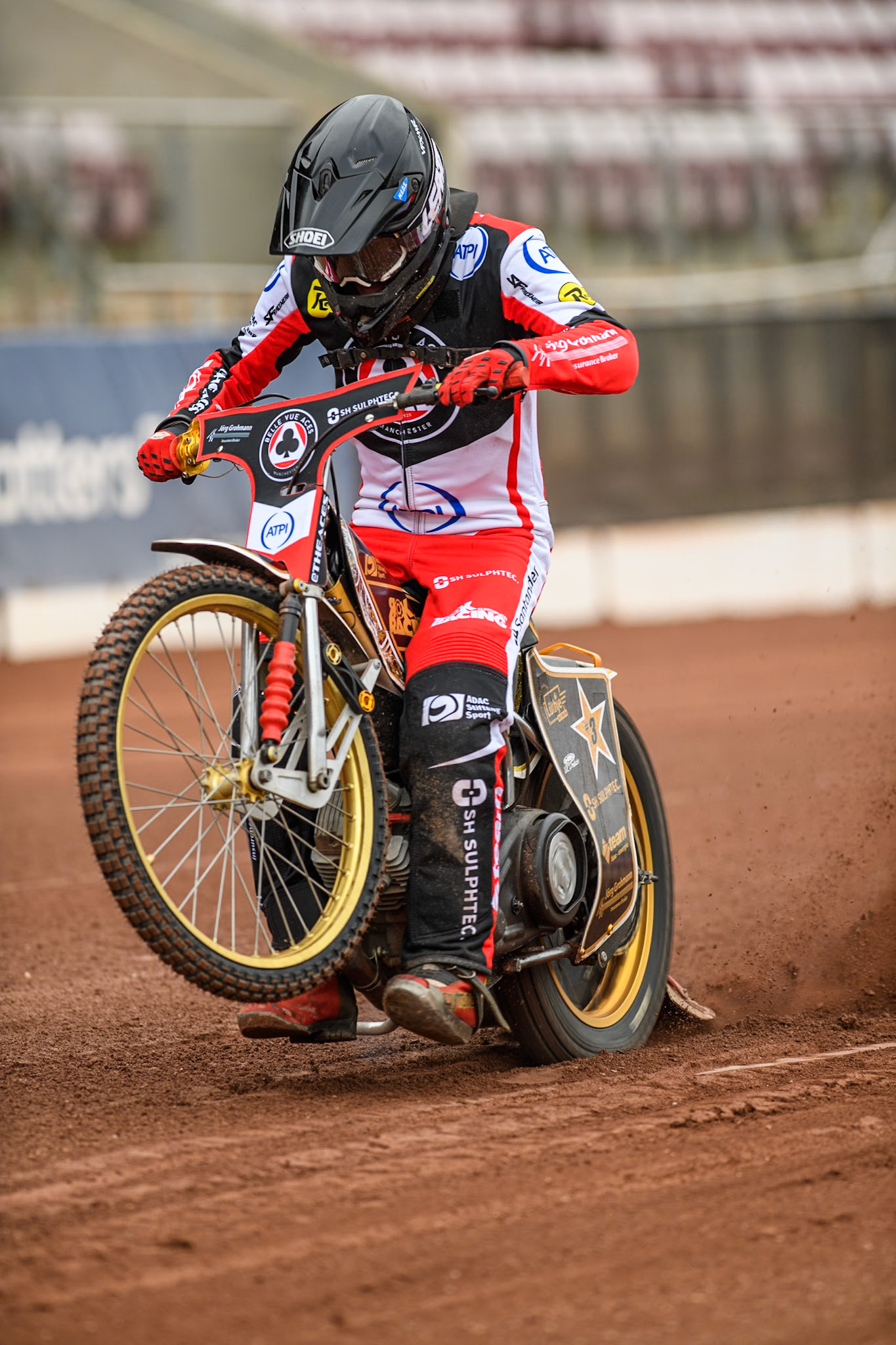 Belle Vue Aces' rider Norick Blödorn does a practice start during the Belle Vue Aces Media Day at the National Speedway Stadium, Manchester on Monday 11th March 2024. (Photo: Ian Charles | MI News)