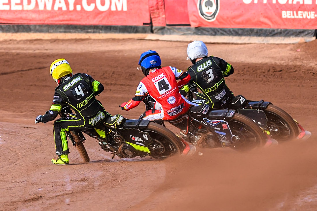 Ipswich Witches' Tom Brennan  in Yellow chases Belle Vue Aces' Zach Cook  in Blue and Ipswich Witches' Adam Ellis  in White during the Rowe Motor Oil Premiership match between Belle Vue Aces and Ipswich Witches at the National Speedway Stadium, Manchester on Monday 30th June 2025. (Photo: Ian Charles | MI News)