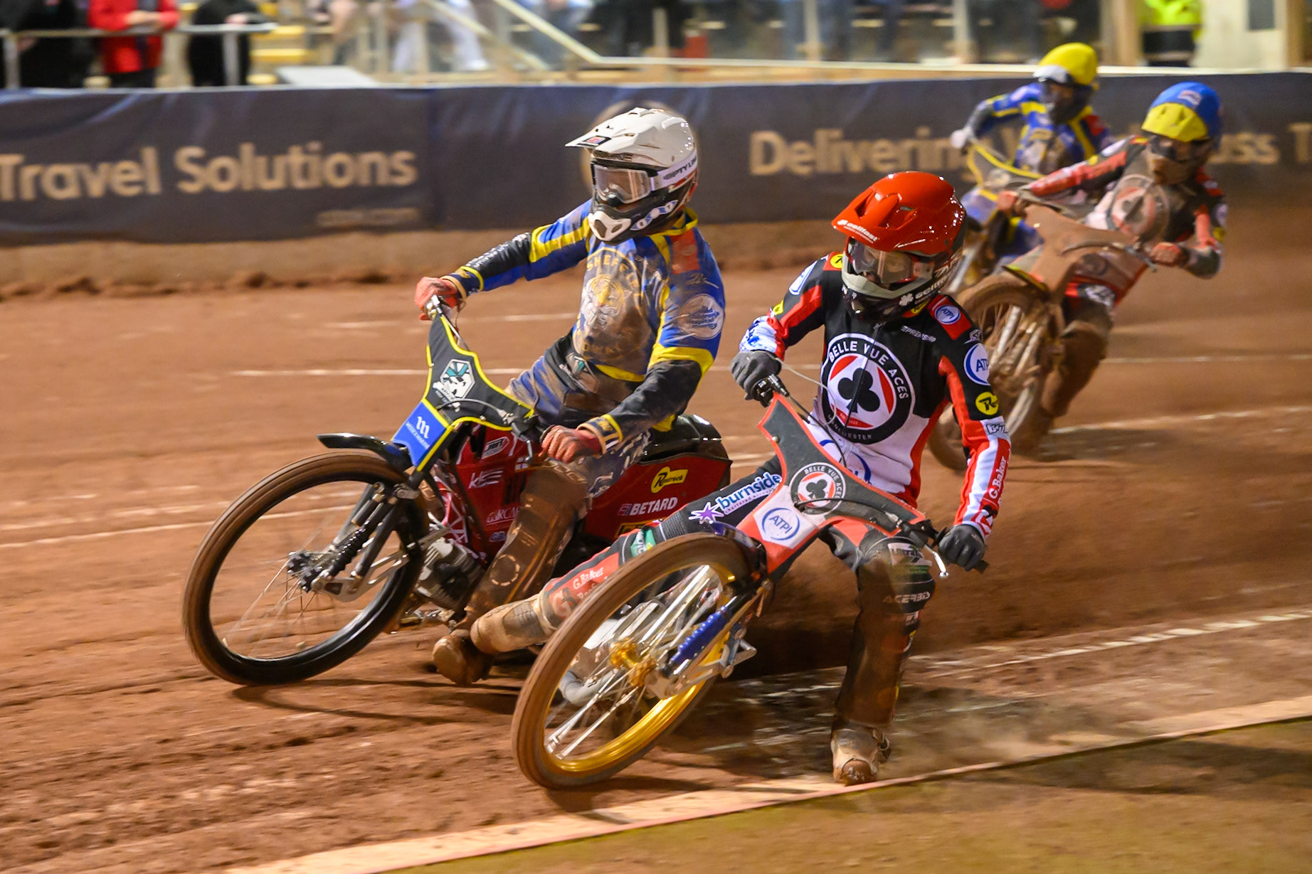 Jason Doyle of Belle Vue Aces in Red on the inside of Max Fricke, Guest Rider for Sheffield Tigers  in White  with Tate Zischke of Belle Vue Aces in Blue  and Anders Rowe of Sheffield Tigers in Yellow behind during the Rowe Motor Oil Premiership Grand Final 2nd Leg between Belle Vue Aces and Sheffield Tigers at the National Speedway Stadium, Manchester on Friday 16th October 2026. (Photo: Ian Charles | MI News)