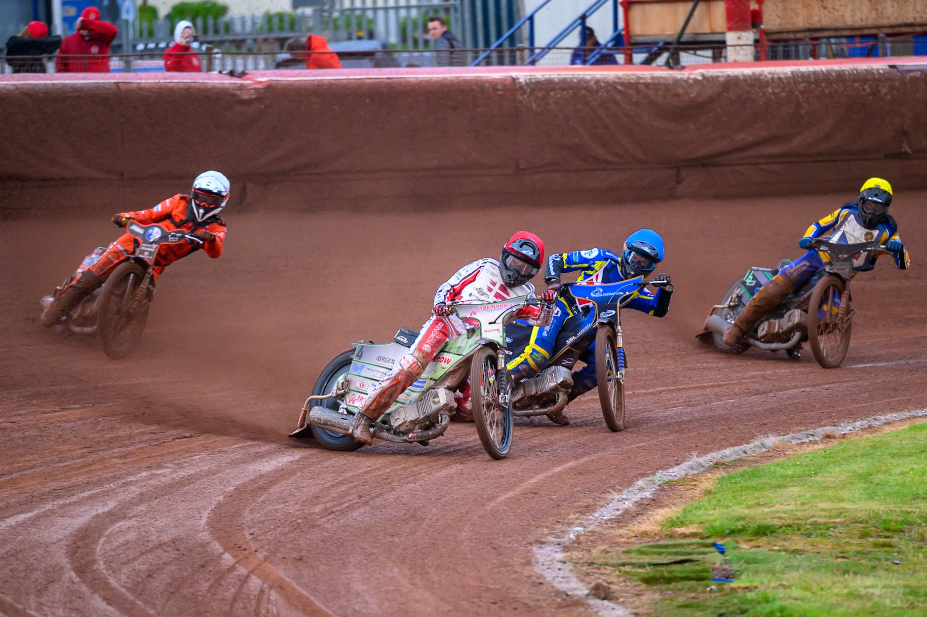 Jonas Knudsen of Denmark in Red leading Anders Rowe of Great Britain in Blue Sven Cerjak of Slovenia in White and Daniel Klima of Czechia in Yellow during the Speedway GP Qualifying Round 3 at Allied Ashfield Stadium, Glasgow on Saturday 30th May 2026. (Photo: Ian Charles | MI News)