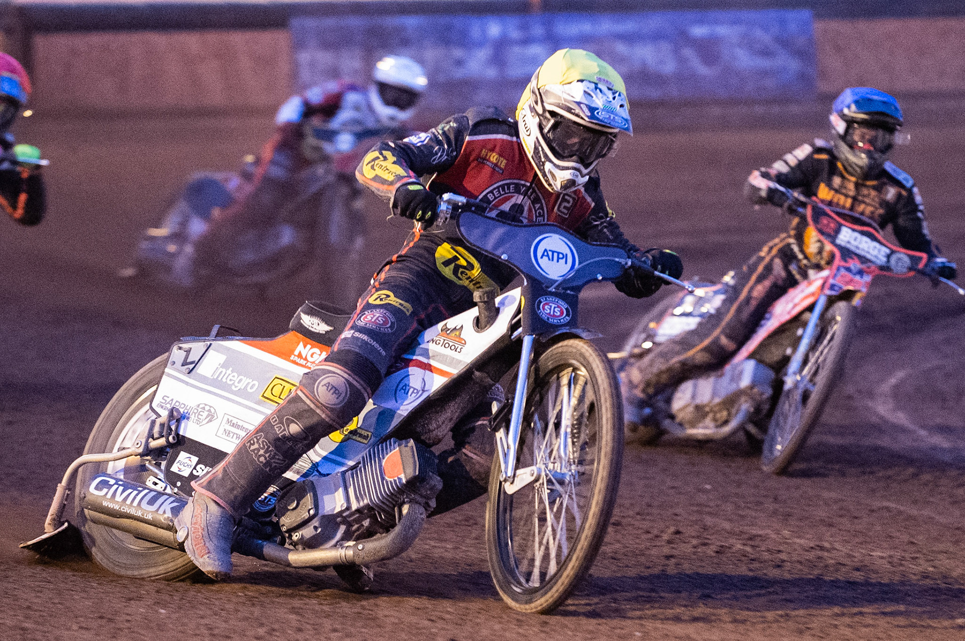 Photo by Ian Charles:

Steve Worrall  (Yellow) leads Luke Becker  (Blue) and Max Fricke  (White)

Wolverhampton Wolves v Belle Vue Aces, British Speedway Premiership 22 April 2019