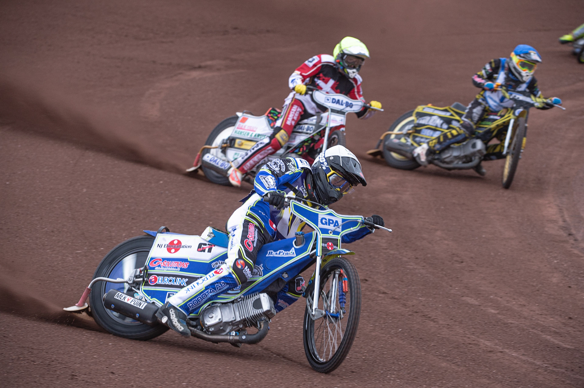 Photo by Ian Charles:

Pontus Aspgren (White) leads Niels-Kristian Iversen (Yellow) and Tero Aarnio (Blue)

FIM Speedway Grand Prix World Championship - Qualifying Round 1, Peugeot Ashfield Stadium, Glasgow, 8 June 2019