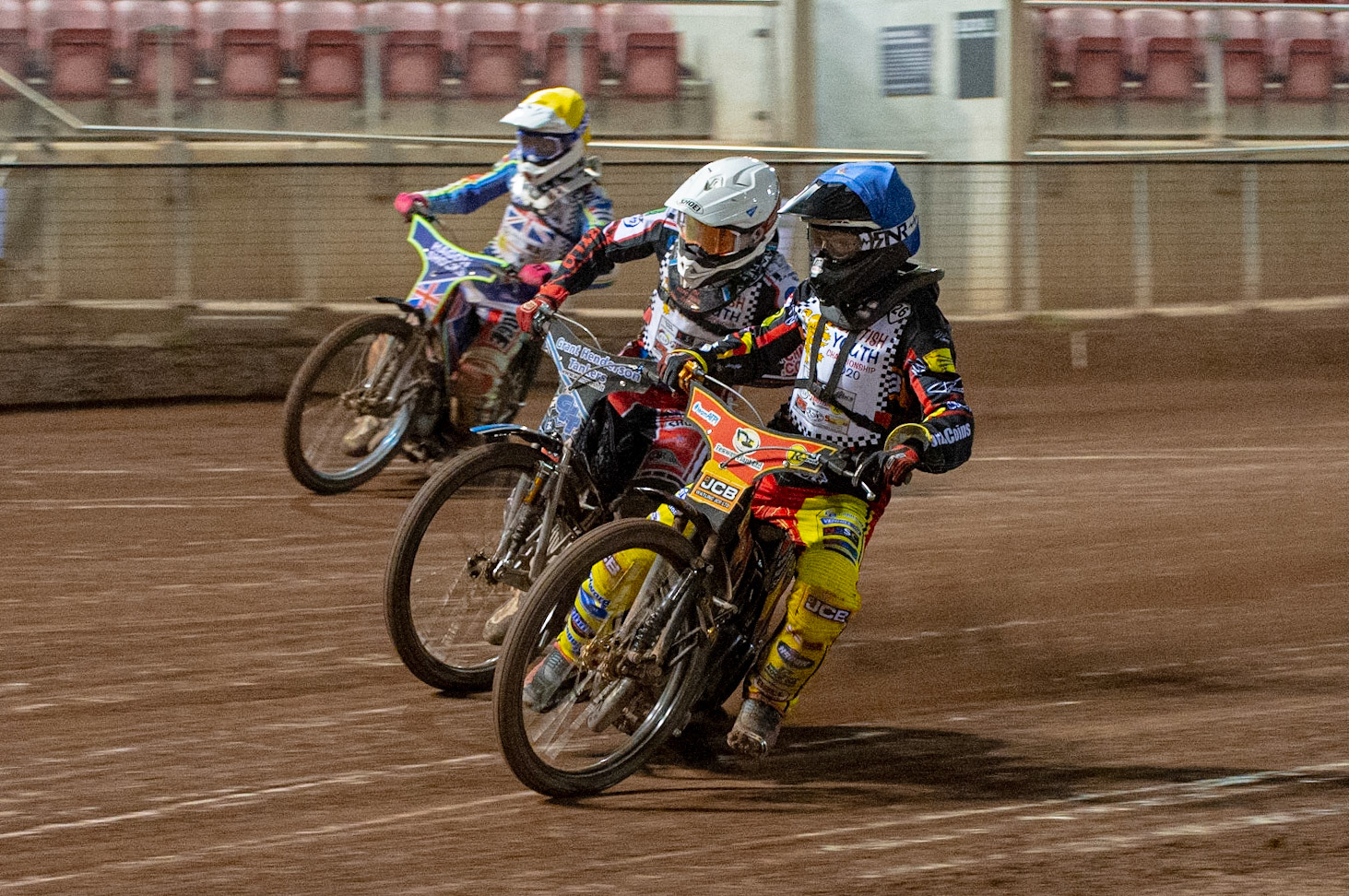 Photo: Ian CharlesDan Thompson (Blue) leads Harry McGurk (White) and Jake Mulford (Yellow) in the 500cc A Class FinalBritish Youth Speedway Championship (Round 5), National Speedway Stadium, Manchester Saturday  10  October  2020