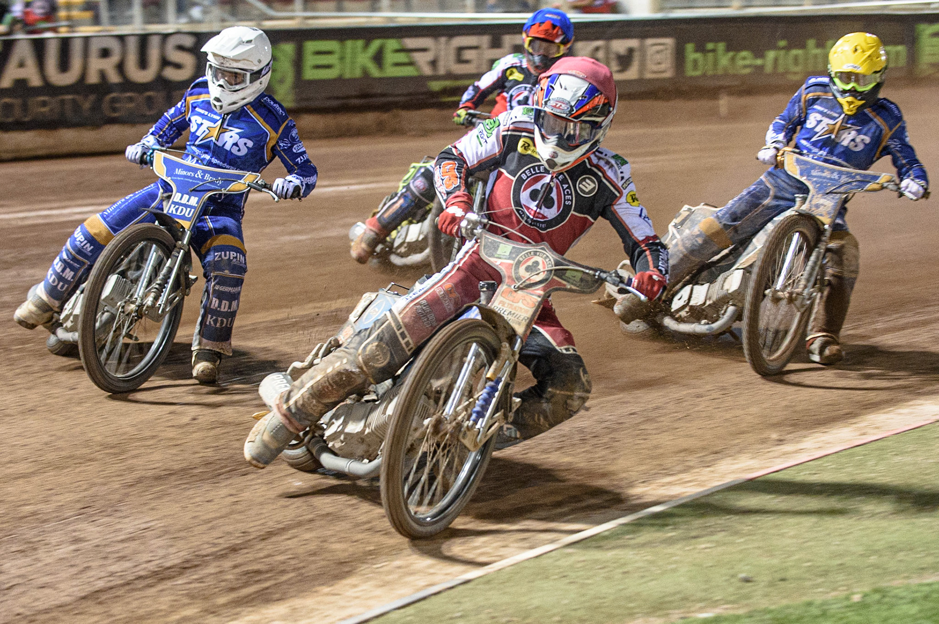 MANCHESTER, UK. AUGUST 23RD    Steve Worrall  (Red) leads Erik Riss (White) and Kasper Andersen (Yellow) with Jye Etheridge  (Blue) behind during the SGB Premiership match between Belle Vue Aces and King's Lynn Stars at the National Speedway Stadium, Manchester on Monday 23rd August 2021. (Credit: Ian Charles | MI News)
