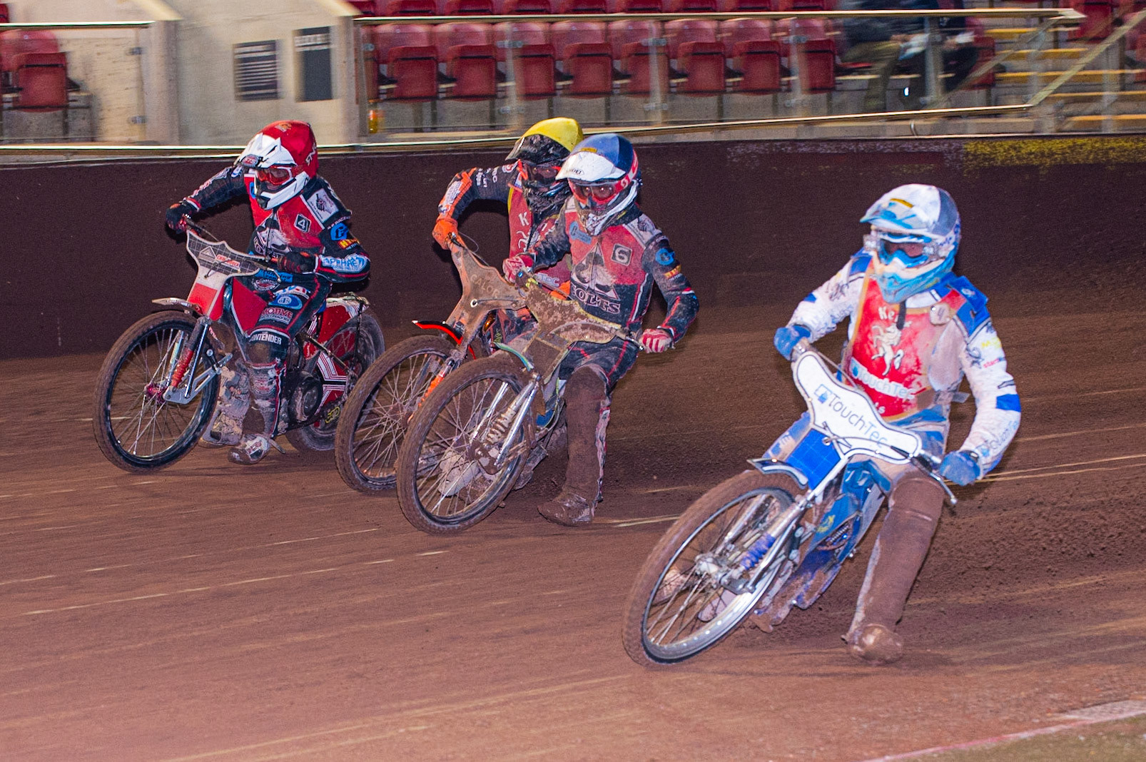 Photo: Ian Charles

Rob Ledwith (White) inside Ben Rathbone  (Blue) Alex Spooner (Yellow) and Danny Phillips (Red)

Belle Vue Colts v Kent Kings, SGB National League Play Offs, Semi Final 1st Leg, Belle Vue National Speedway Stadium, Manchester, Friday 4  October  2019