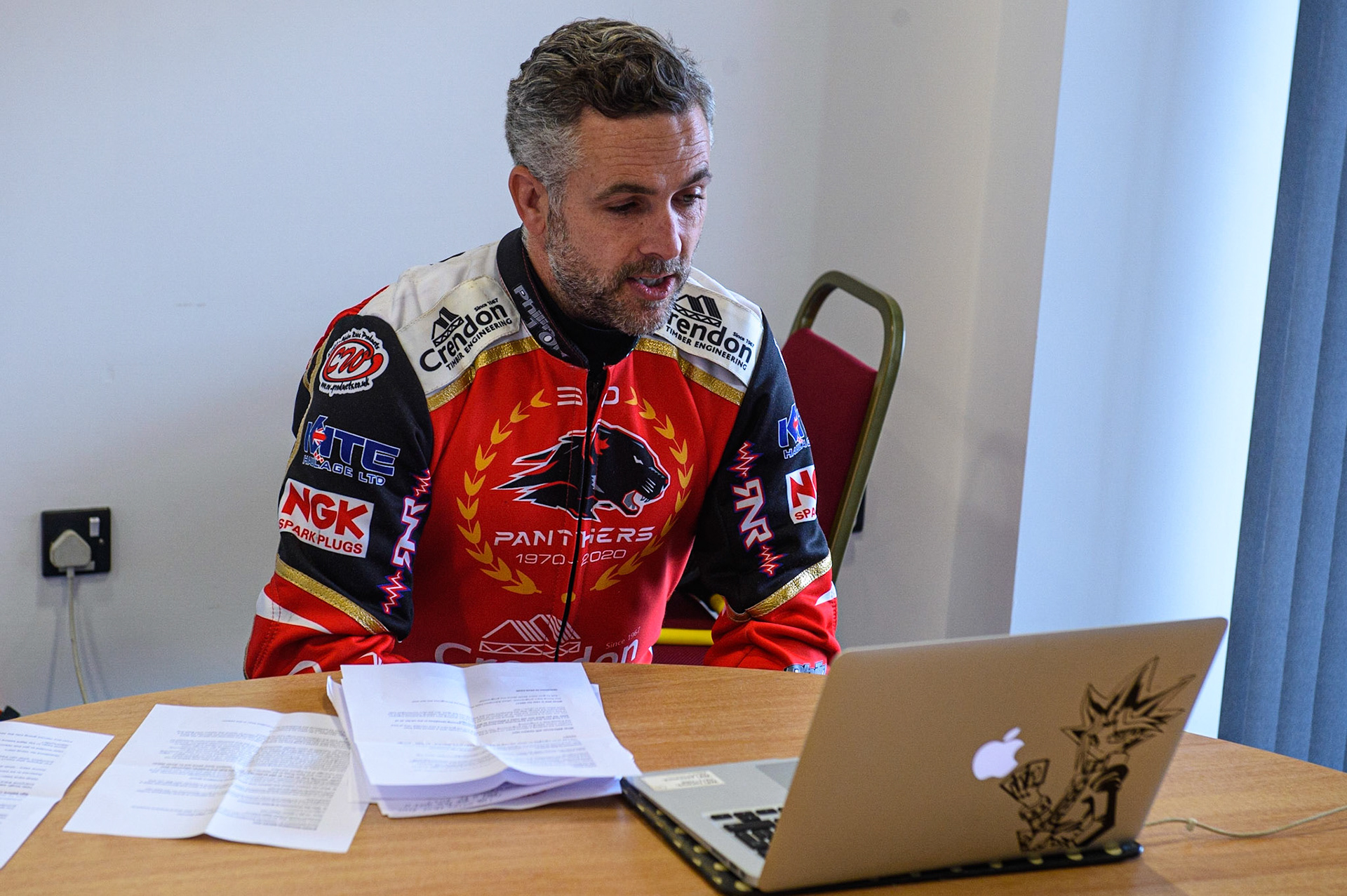 Photo: Ian CharlesScott Nichols (l) chats on the Zoom Call Discovery Networks Eurosport Speedway Season Launch, National Speedway Stadium, Manchester Wednesday  12  May  2021