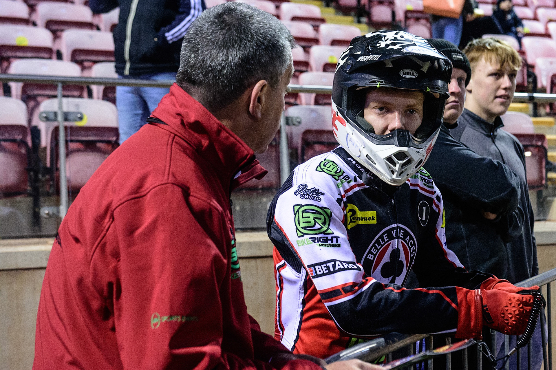 MANCHESTER, UK. OCT 30TH   Belle Vue CEO Adrian Smith (left) chats with Dan Bewley (351) during the Manchester Masters Sidecar Speedway and Flat Track Racing at the National Speedway Stadium, Manchester on Saturday 30th October 2021. (Credit: Ian Charles | MI News)