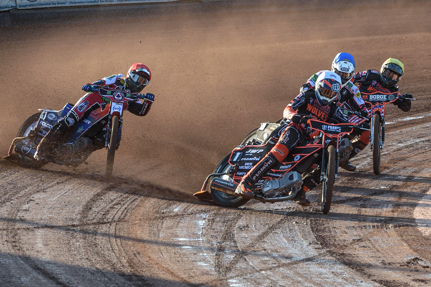 MANCHESTER, UK. JULY 15TH   Sam Masters  (White) leads Richie Worrall  (Blue) Brady Kurtz  (Red) and Luke Becker (Yellow) during the SGB Premiership match between Belle Vue Aces and Wolverhampton Wolves at the National Speedway Stadium, Manchester on Thursday 15th July 2021. (Credit: Ian Charles | MI News)