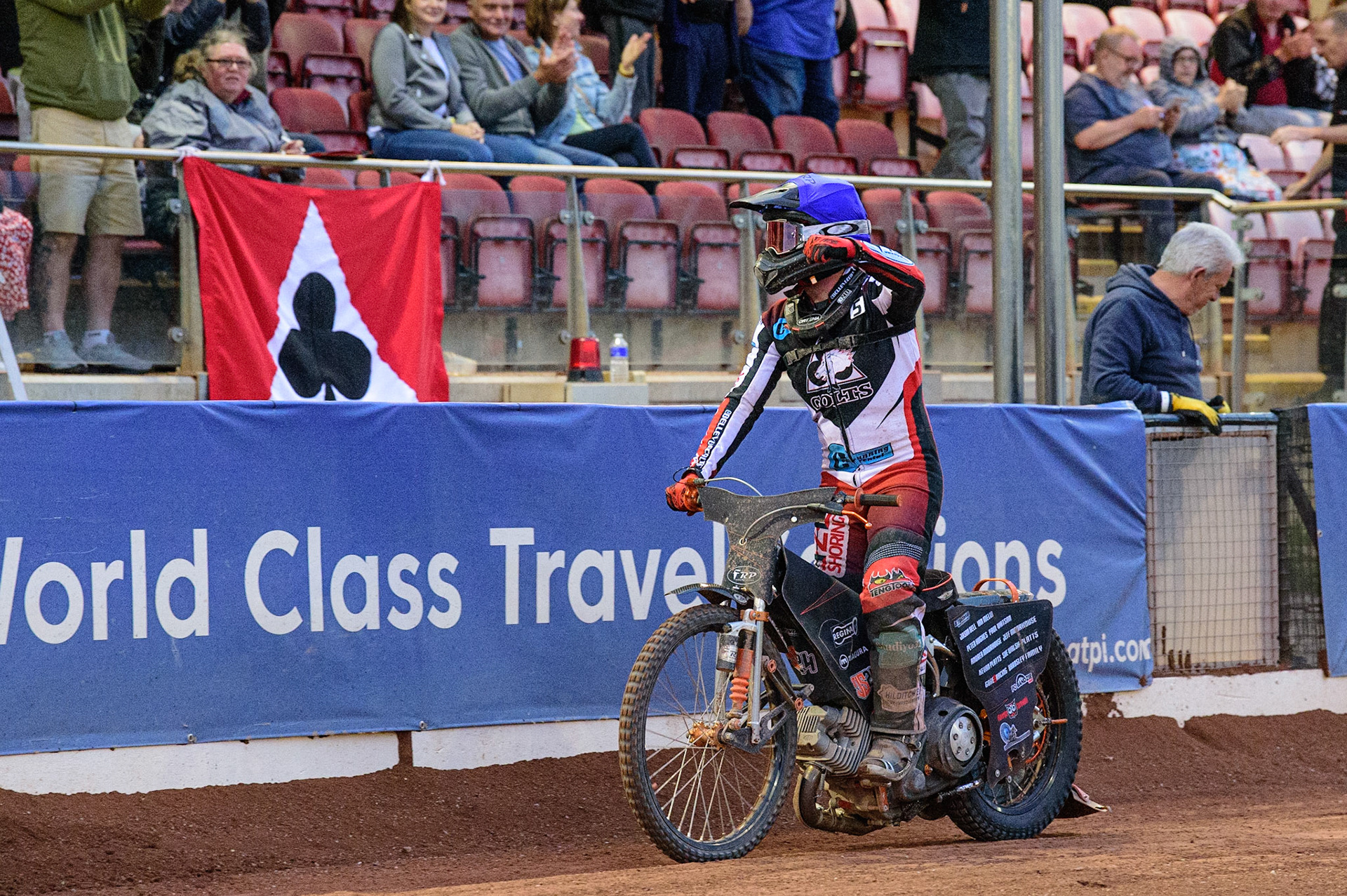 MANCHESTER, UK. JUN 24TH  Jack Smith  acknowledges the fans after his final ride of the meeting during the National Development League match between Belle Vue Colts and Berwick Bullets at the National Speedway Stadium, Manchester on Friday 24th June 2022. (Credit: Ian Charles | MI News)
