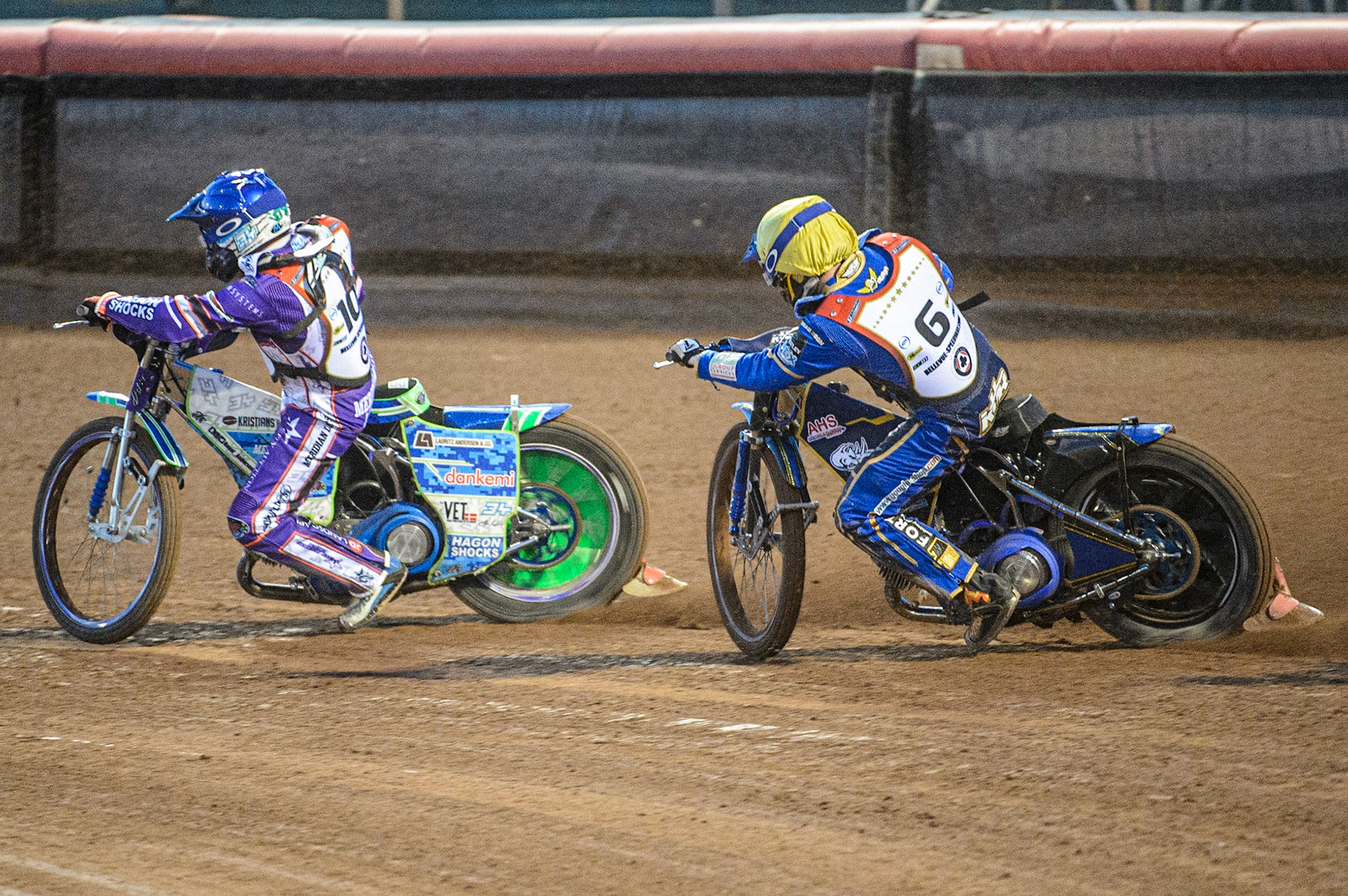 Hans Andersen  (Blue) leads Kyle Howarth  (Yellow) during the Peter Craven Memorial Trophy  at the National Speedway Stadium, Manchester on Monday 3rd April 2023. (Photo: Ian Charles | MI News)