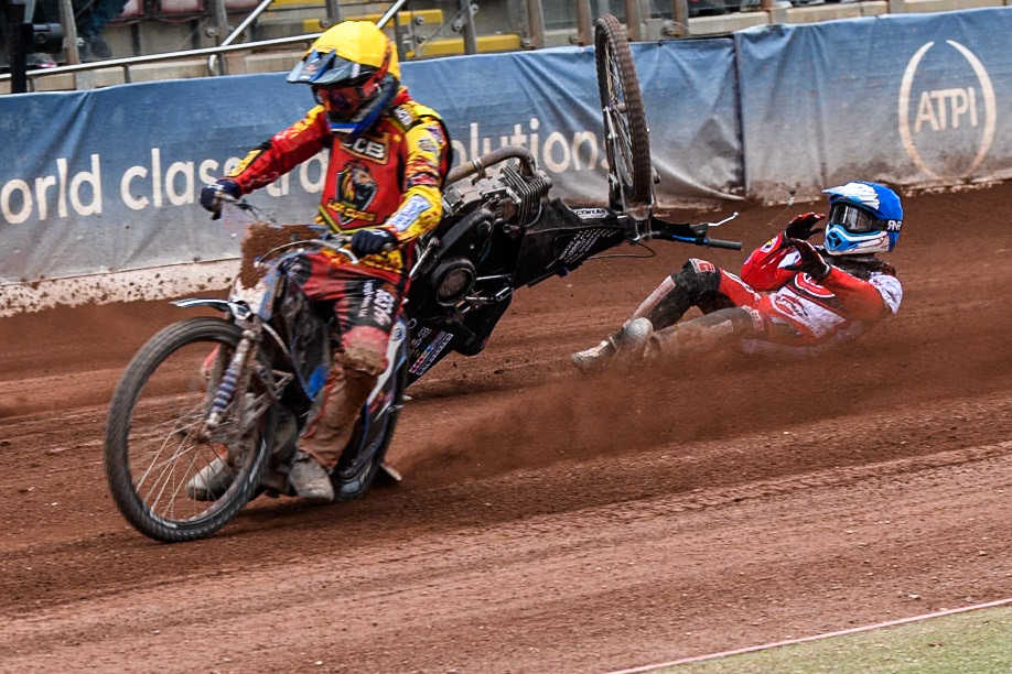 Belle Vue Colts' Billy Budd rears at the start between Leicester Lion Cubs' Guest Rider Darryl Ritchings in White and Leicester Lion Cubs' Sonny Springer in Yellow during the WSRA National Development League match between Belle Vue Colts and Leicester Lion Cubs at the National Speedway Stadium, Manchester on Friday 18th April 2025. (Photo: Ian Charles | MI News)